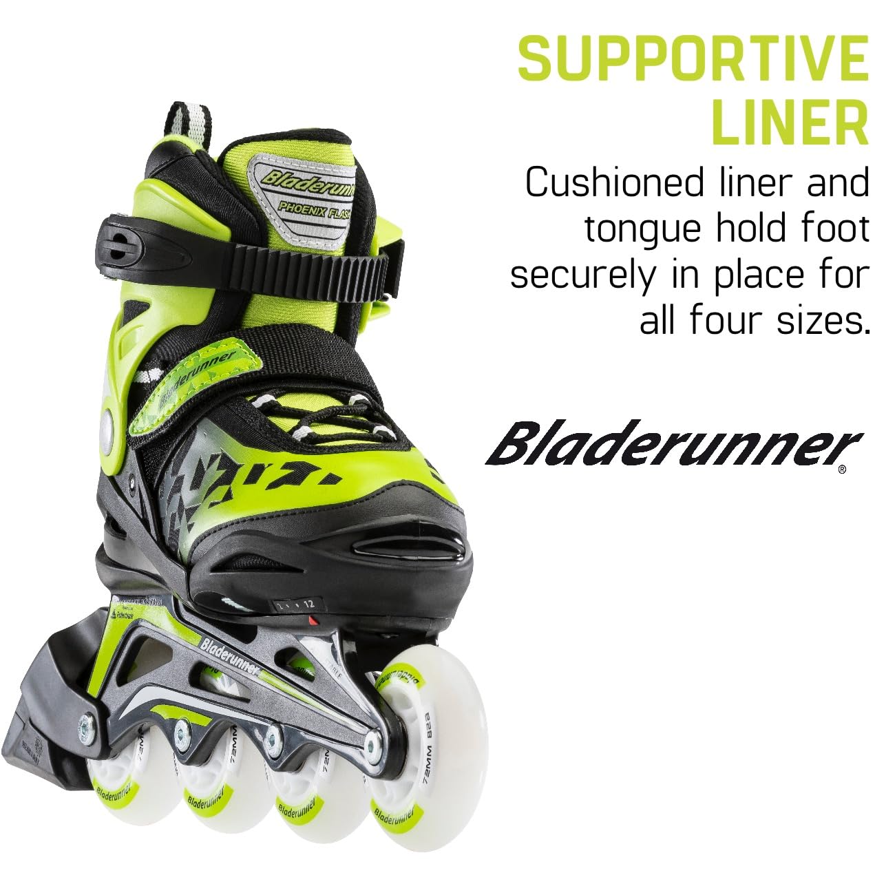 Rollerblade Phoenix Flash Adjustable Kids Inline Skates - Bladerunner Series for Fitness & Recreation | Black/Green | Perfect for Outdoor Sports & Family Fun