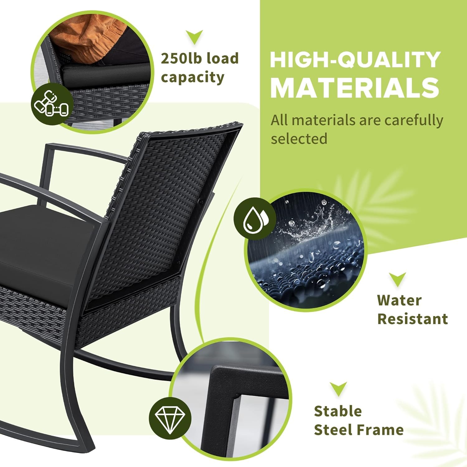 Homall 3-Piece Outdoor Patio Furniture Set - Resin Bistro Table & Rocking Chairs with Cushions - Perfect for Porch, Poolside, Balcony, Yard & Garden (Black) - Ideal for Relaxing, Entertaining & Outdoor Dining