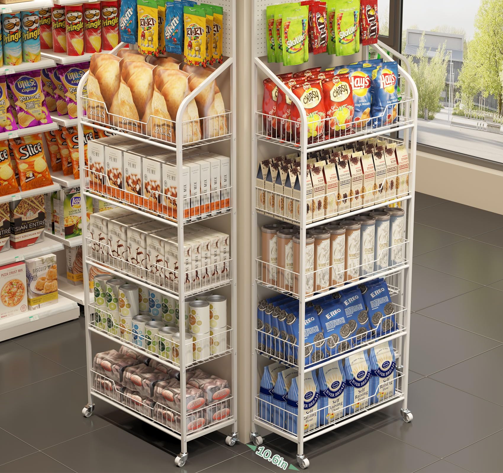 5-Tier Metal Wire Snack Display Stand with Wheels & Hooks - Heavy Duty Candy, Potato Chip & Concession Organizer Rack - Perfect for Retail Stores, Supermarkets & Convenience Stores