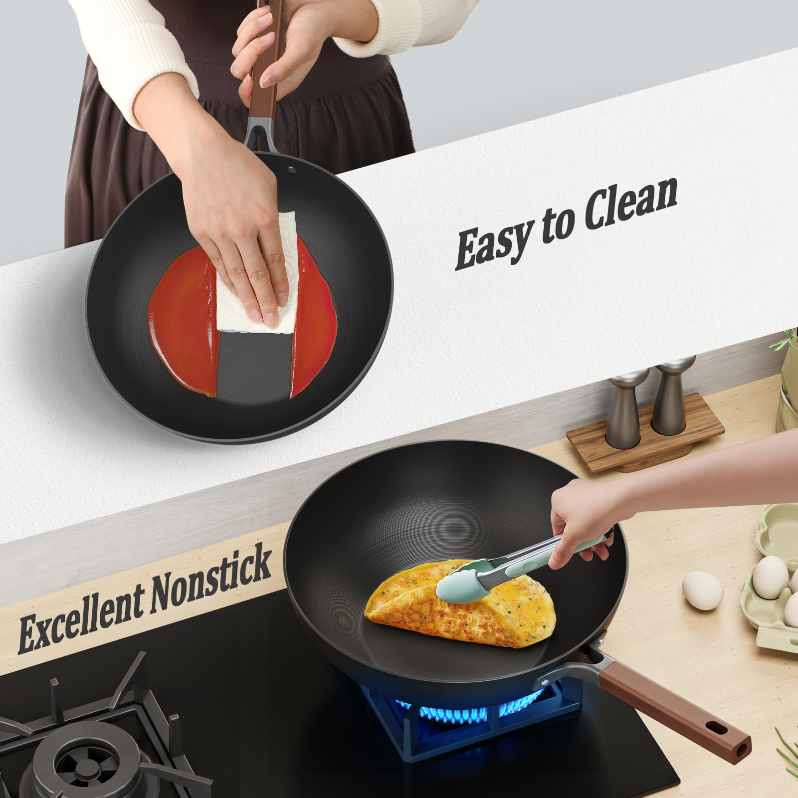 Jobin 12.6 Inch 5.2L Pre-Seasoned Carbon Steel Wok Pan with Lid - Non-Toxic, Chemical-Free Stir Fry Pan for Asian Cooking - Large Capacity for 4-6 People - Works on Induction, Gas & Electric Stoves - Perfect for Stir-Frying, Deep Frying & Cooking Family Meals