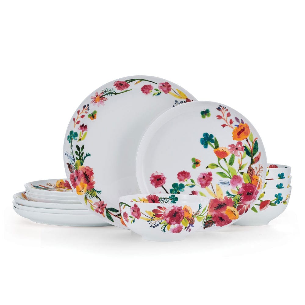 Karina 12-Piece Dinnerware Set - Porcelain Plates, Bowls & Mugs for 4 People - Elegant Dinnerware for Family Meals, Dinner Parties & Everyday Use