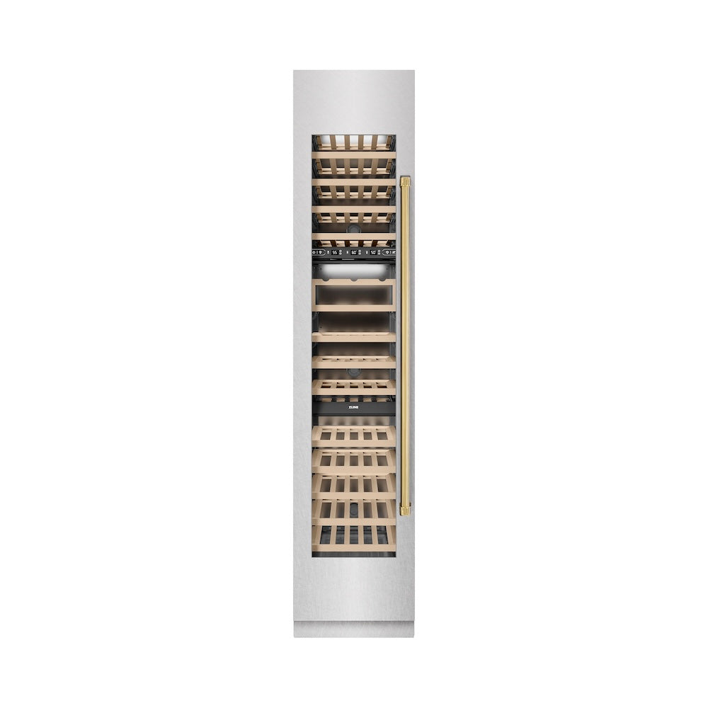 ZLINE Autograph Edition 18-Inch 9.0 cu. ft. Triple Zone 68-Bottle Left Hinge Wine Cooler - Satin Stainless Steel with Gold Accents - Perfect for Home Bars, Wine Cellars & Entertaining (RCWVLZ SN 18 G)