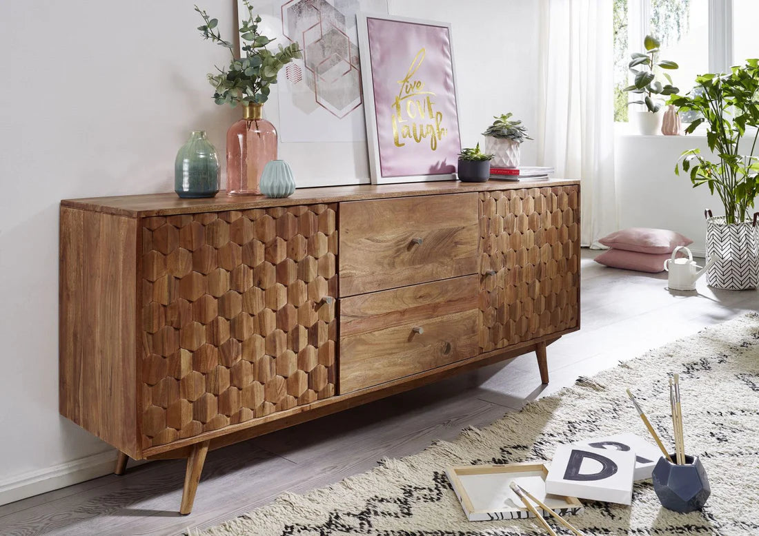 Gfine Solid Acacia Wood Sideboard - 2 Doors & 2 Drawers, 180x42x75cm - Perfect for Living Room Storage & Dining Room Buffet