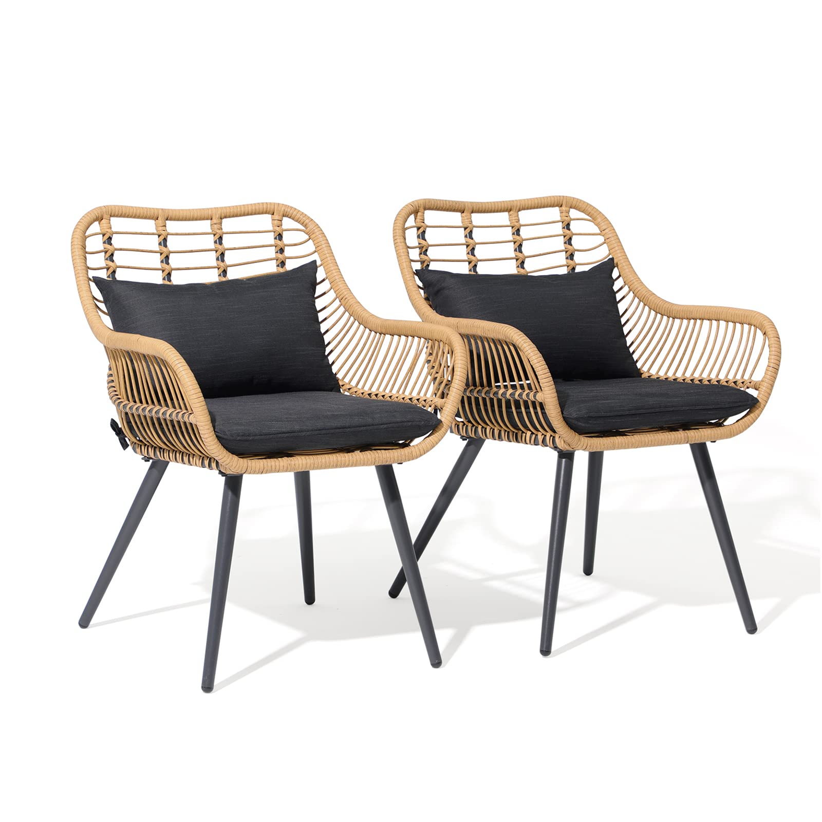 JOIVI 2-Piece Outdoor Wicker Chair Set with Cushions - Rattan Patio Dining Chairs with Armrests & Iron Frame - Weather-Resistant Garden Furniture for Balcony, Porch, Backyard, Poolside & Outdoor Entertaining - Black