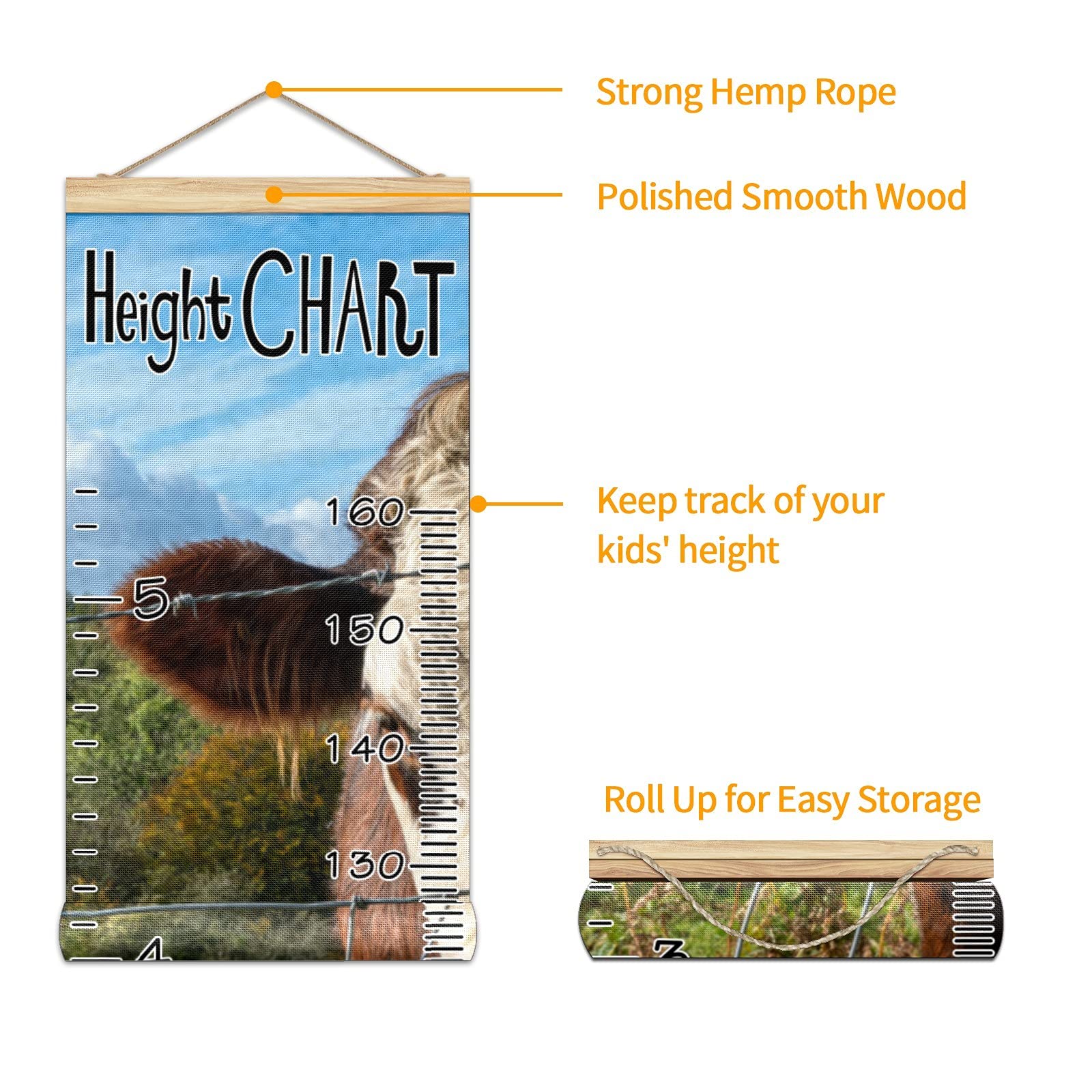 Wooden Kids Growth Chart Ruler - 13.4x56 Inch Wall Mounted Height Measure with Linen Finish, Brown Cow & White Head Design - Perfect for Nursery, Bedroom Decor & Tracking Child's Development