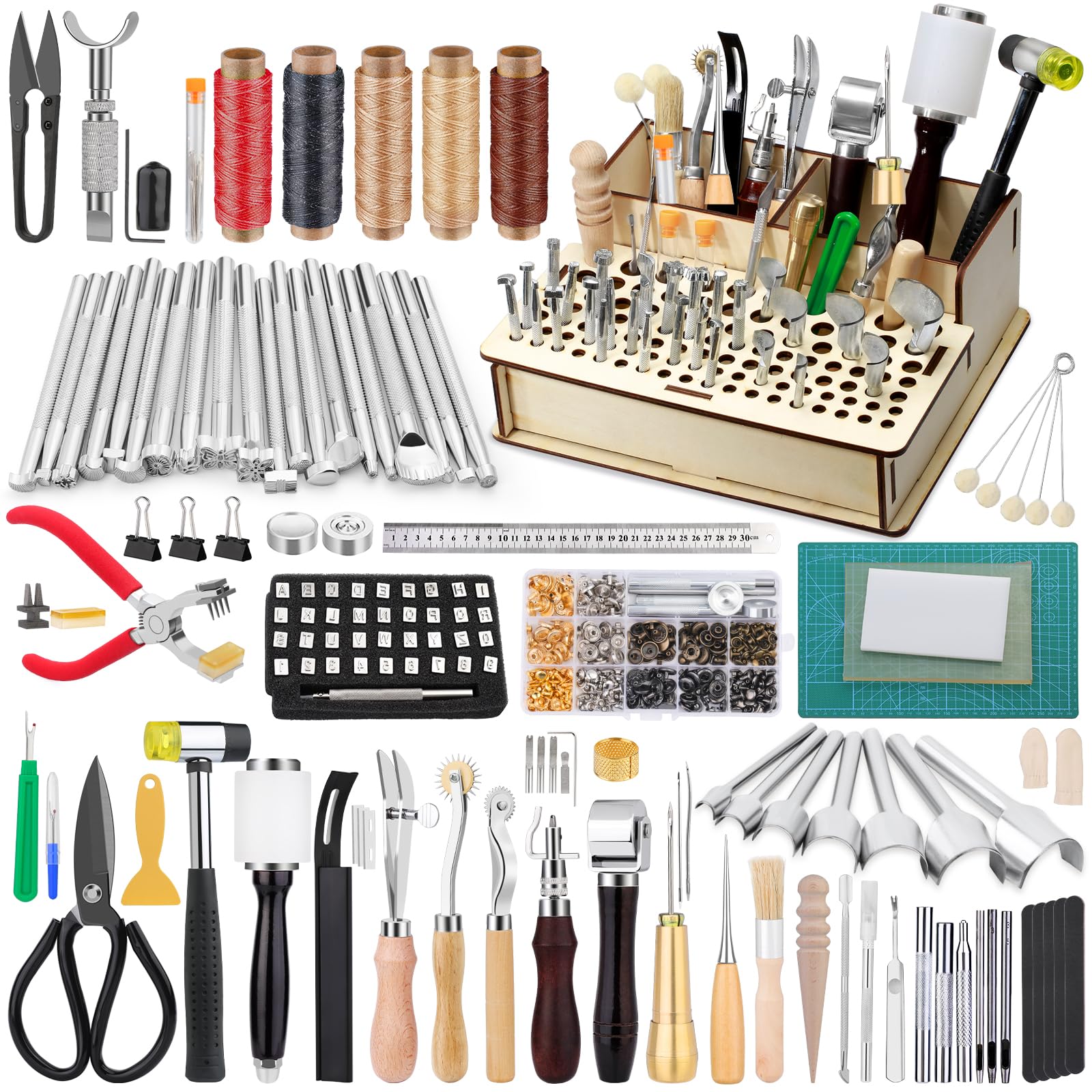 447-Piece Leather Crafting Tool Kit with Instruction Manual - Leatherworking Tools, Stamping Set, Hole Punch & Holder - Perfect for DIY Leather Projects, Saddle Making & Crafting Accessories
