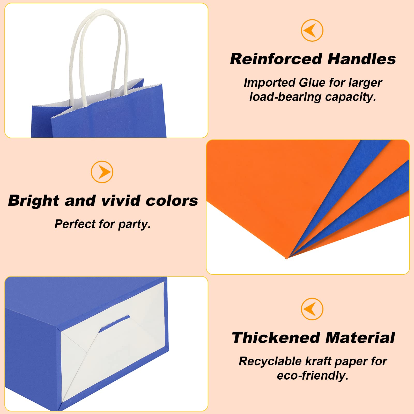50 Pack Orange & Blue Kraft Paper Gift Bags with Handles 8.3x5.9x3.2 Inches - Party Favor Bags for Birthday, Wedding, Baby Shower, Christmas & Holiday Celebrations - Perfect for Candy, Small Gifts & Party Supplies