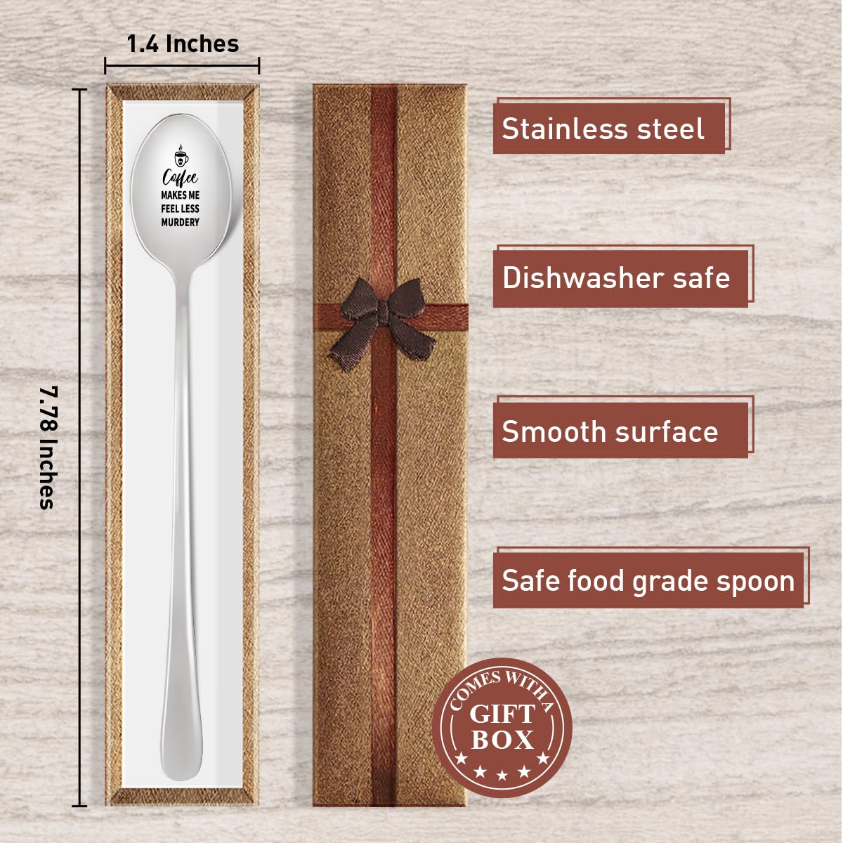 Funny Coffee Spoon Gift for Women & Men - Engraved Stainless Steel Spoon with 'Coffee Makes Me Feel Less Murdery' Quote - Perfect Birthday, Christmas Gift for Coffee Lovers, Friends, Coworkers, Colleagues & Boss - Great for Office, Home Use & Coffee Breaks