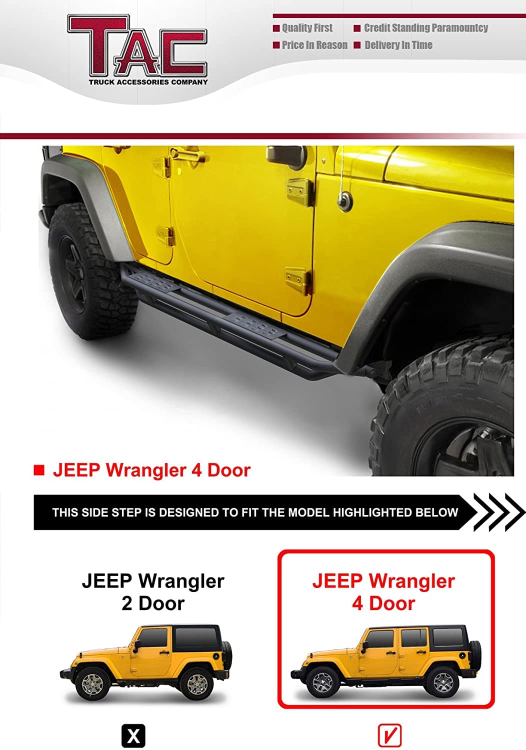 TAC Running Boards for 2007-2018 Jeep Wrangler JK 4 Door (Not for 2018 Wrangler JL) - Textured Black Side Steps Nerf Bars Step Rails - Off-Road Exterior Accessories for Enhanced Entry & Protection