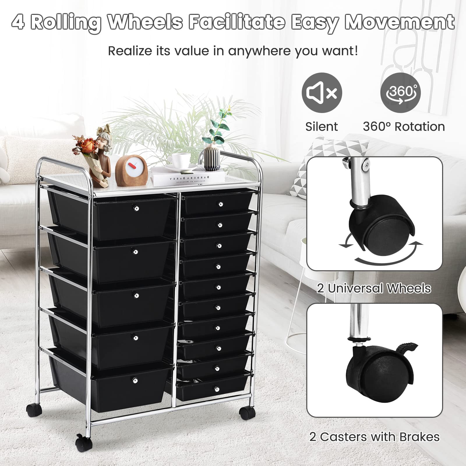 15-Drawer Large Storage Cart with Wheels - Multipurpose Utility Rolling Cart for Home, Office & School Organization - Black Mobile Storage Unit for Craft Supplies, Office Essentials & Classroom Materials