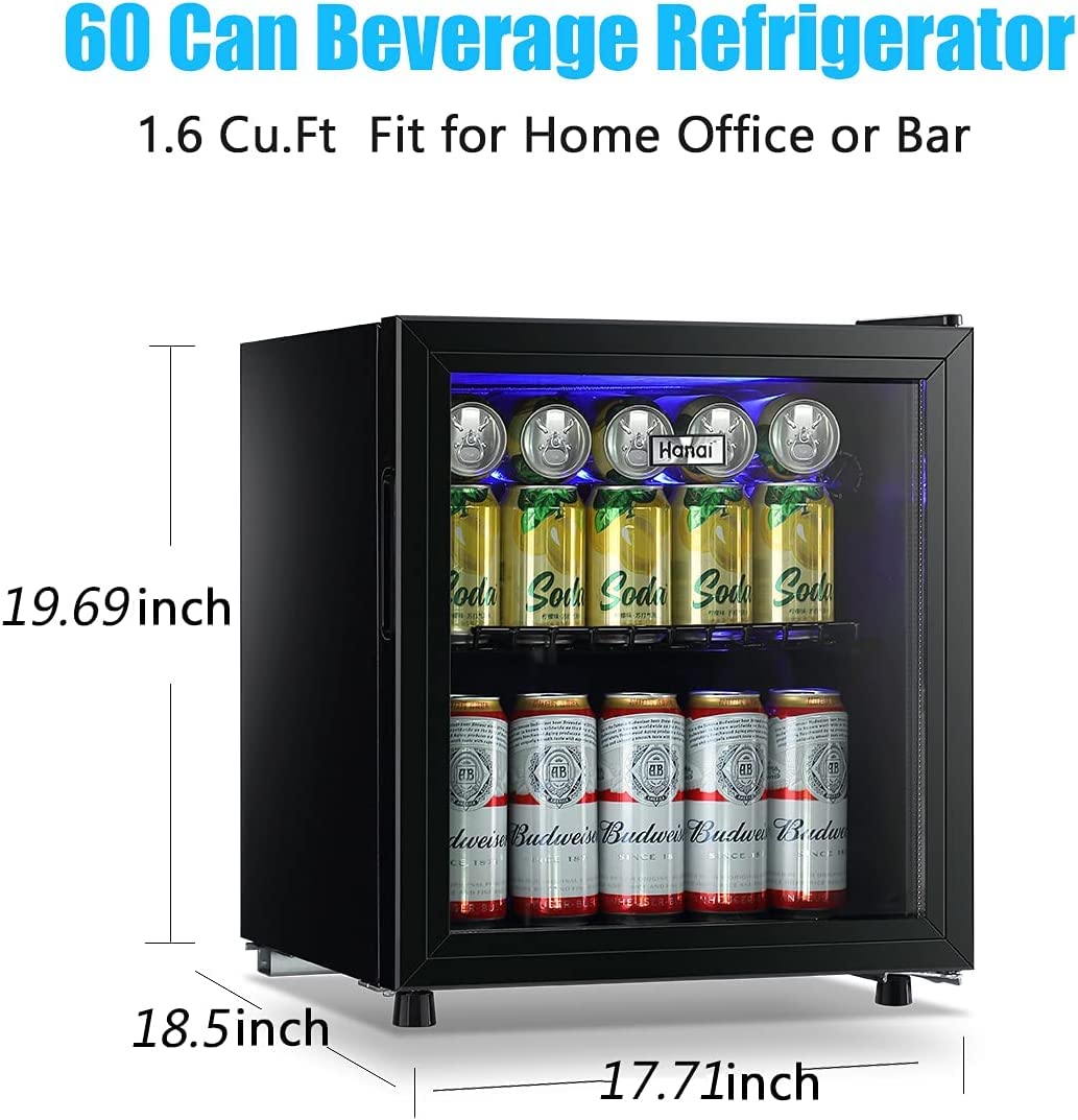 1.6 cu.ft Mini Fridge with Glass Door - 60 Can Beverage Cooler & Beer Refrigerator for Soda, Wine & Drinks - Compact Small Fridge with Blue LED Light for Home, Office, Dorm & Game Room - Perfect for Parties, Study Sessions & Entertainment Spaces