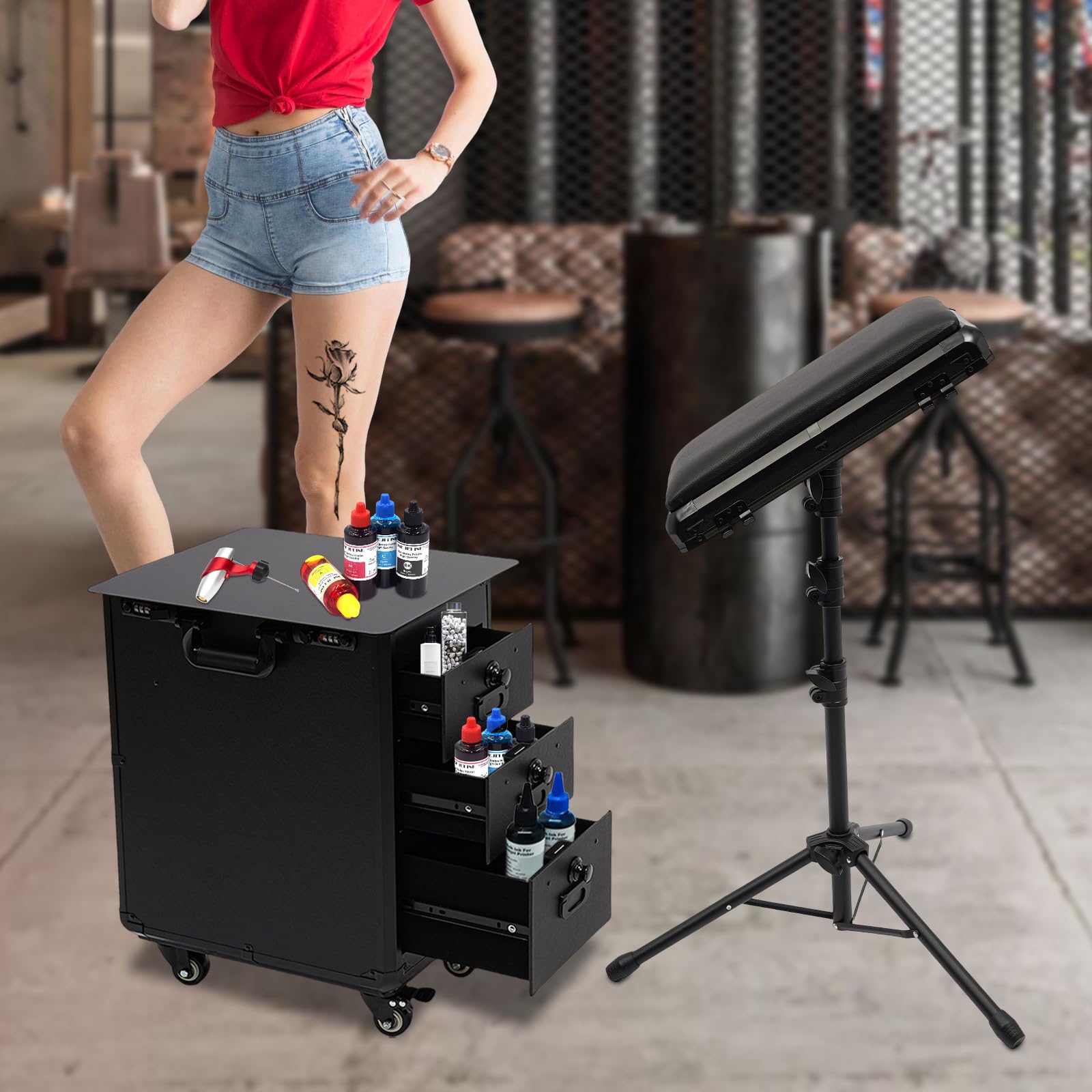 Professional Rolling Makeup Case with Tattoo Armrest Stand - 4 Universal Wheels & Combination Lock - Portable Cosmetic Organizer for Makeup Artists (Metal Panel) | Ideal for Salon, Tattoo Studio & Mobile Beauty Services