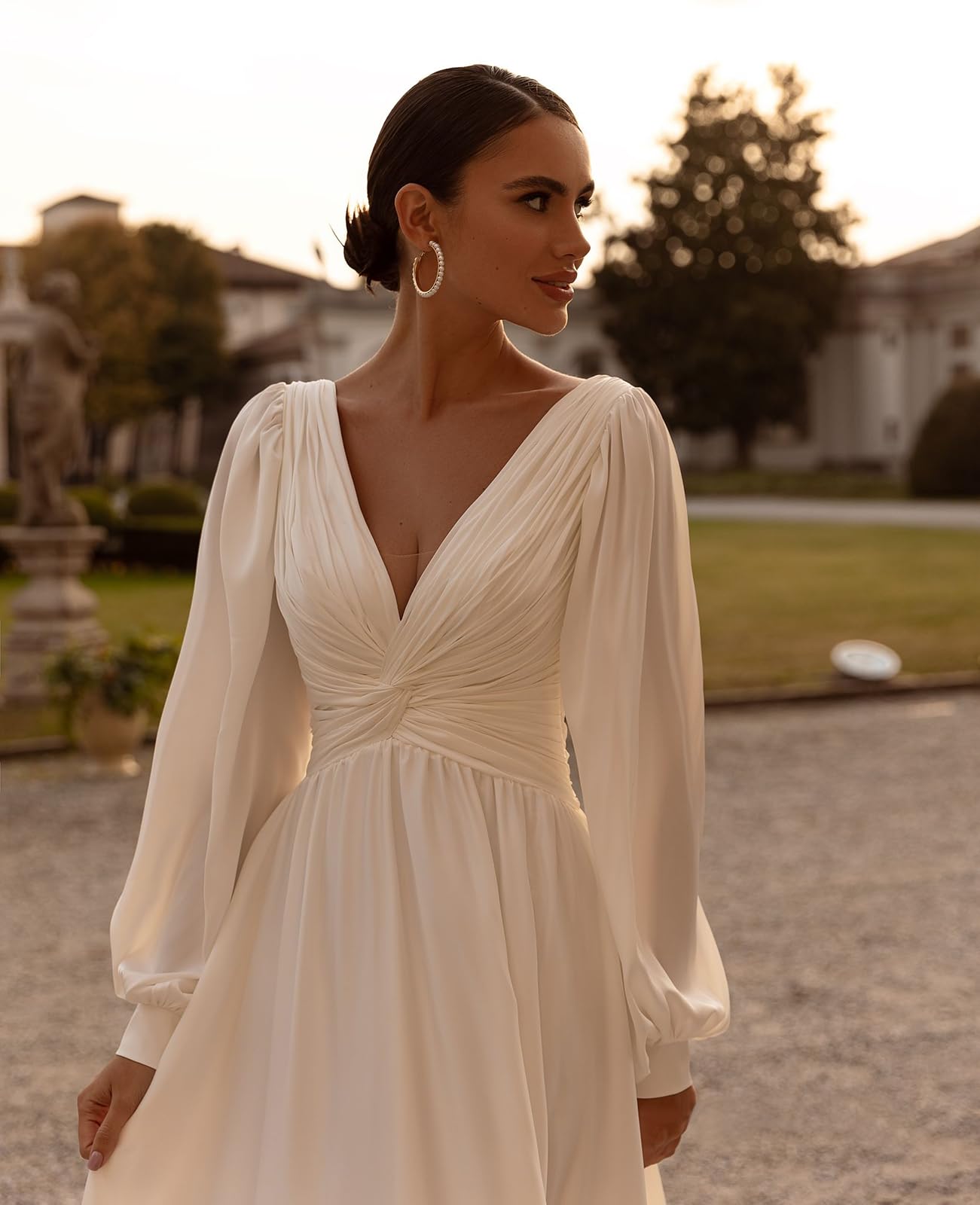 POMUYOO 2025 Long Beach Wedding Dresses for Bride – Elegant Chiffon Lace Bridal Gowns with Sleeves | Perfect for Beach, Garden & Destination Weddings