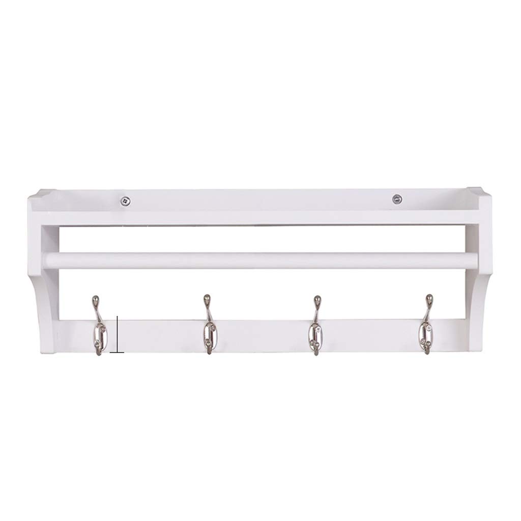 Wall Mounted Coat and Hat Rack with Floating Shelf - Wooden Entryway Storage Organizer with Garment Hanger Rod & 4 Metal Hooks - Space Saving Solution for Hallway, Bathroom, Living Room, Bedroom - Perfect for Small Apartments and Home Organization (White)