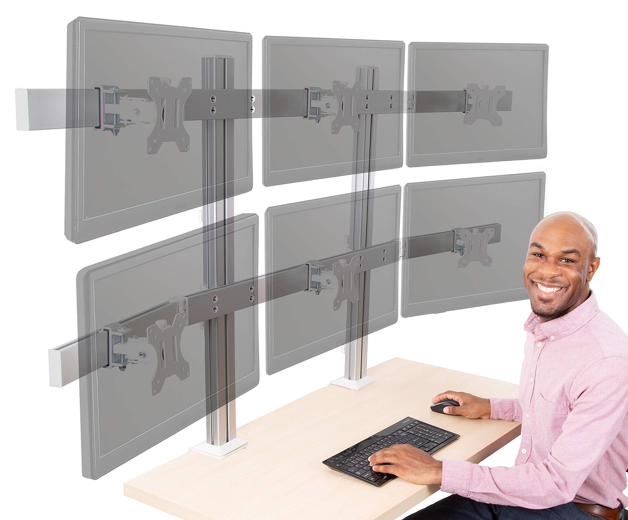 Heavy-Duty 6 Monitor Stand with Adjustable Height & Swivel Arm - VESA Mount for 6 LCD/LED Screens 17-32 inches, Clamp-On Base (Silver) - Perfect for Gaming Setup, Office Workstation & Multi-Tasking Professionals