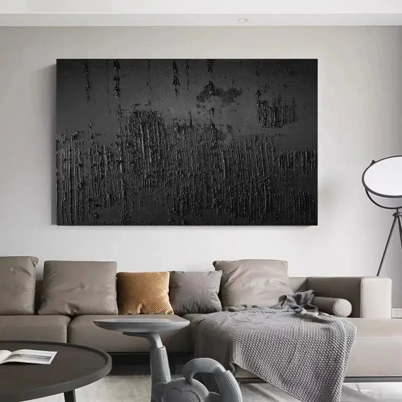 Black Minimalist Textured Abstract Wall Art Painting - Modern Home Decor for Living Room, Bedroom & Office - Canvas Artwork #MZ018