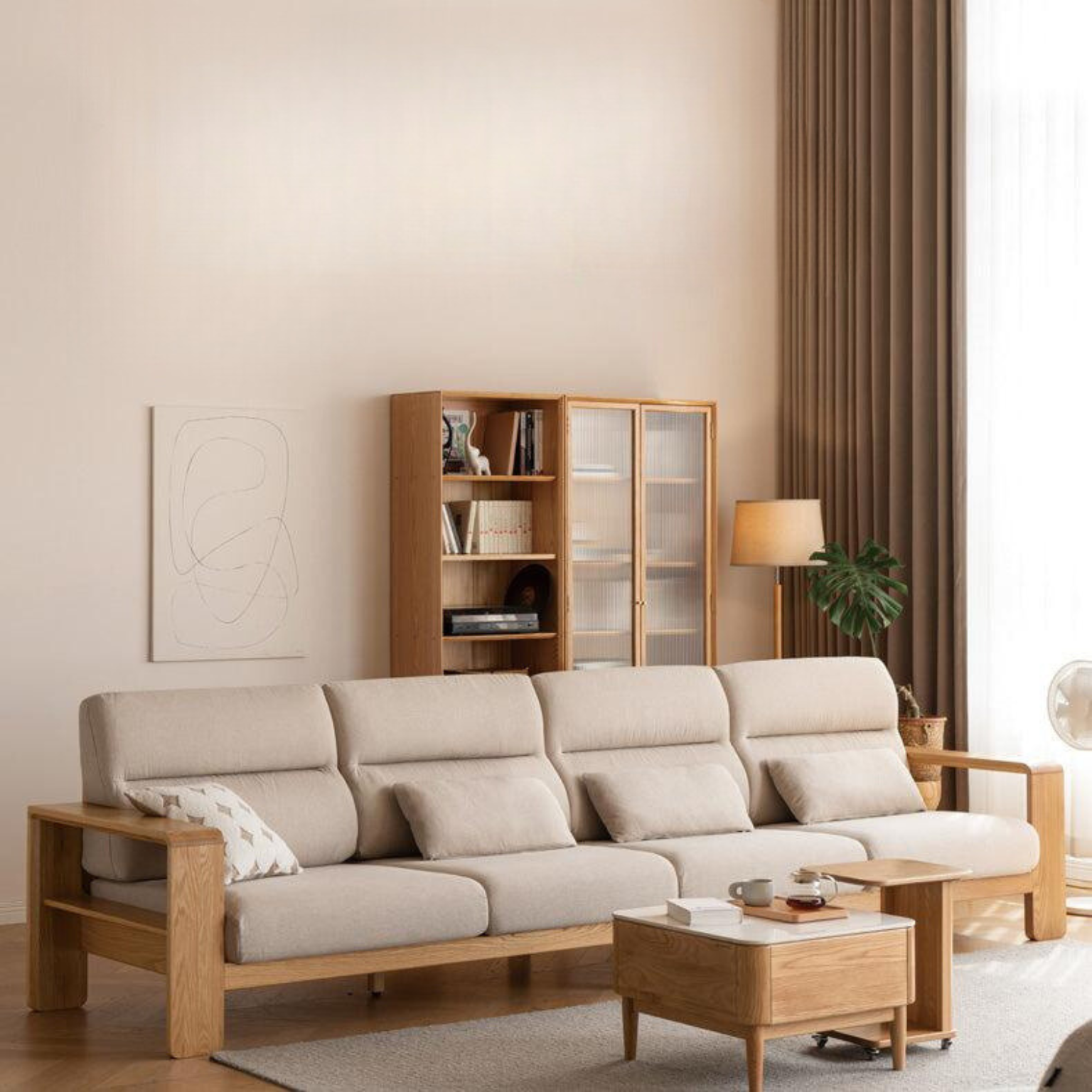 Oak Solid Wood Modern Log Style Corner Fabric Sofa - Rustic Cabin Furniture for Living Room, Lodge & Cozy Home Decor