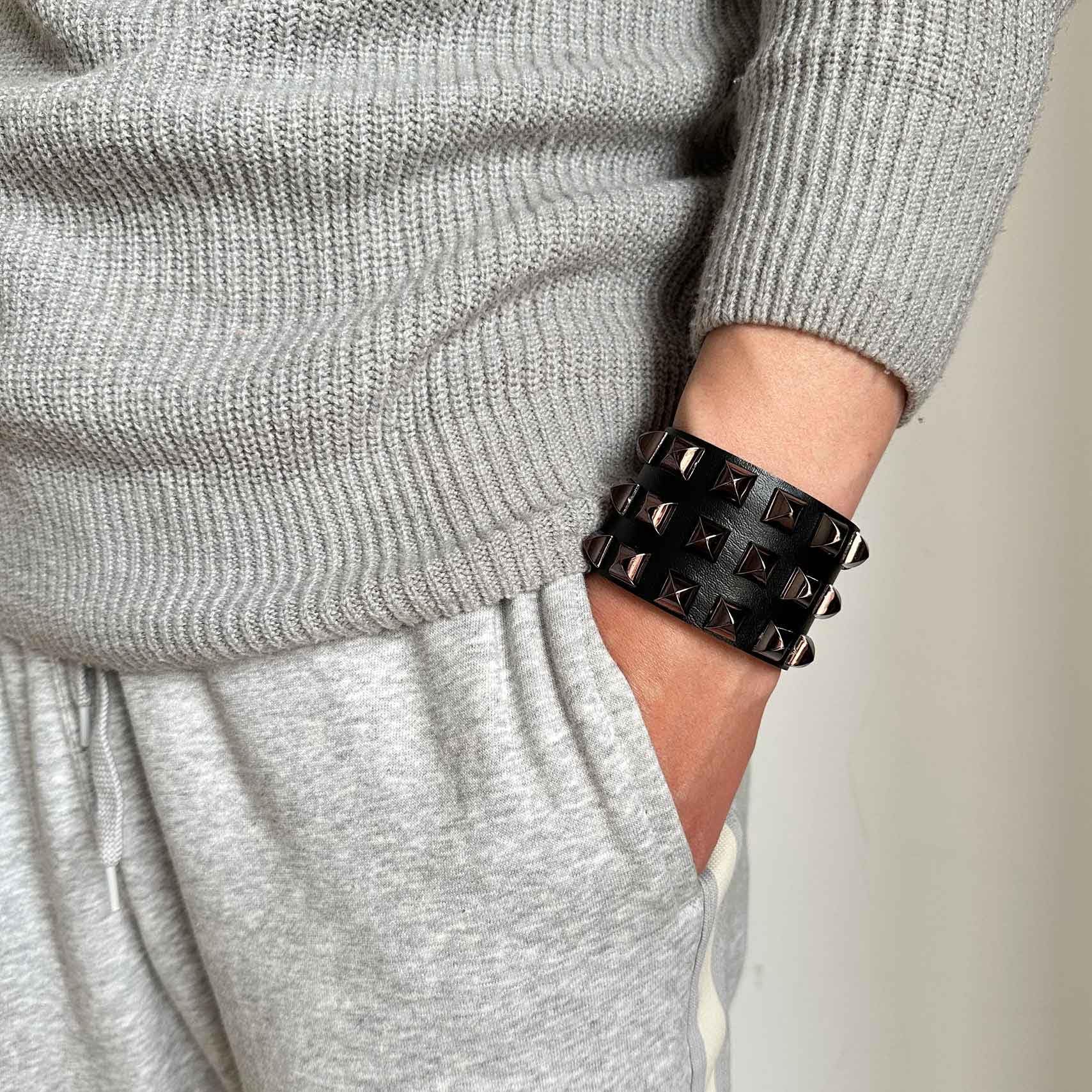 Punk Rock Pyramid Rivet Studded Wristband - Wide PU Leather Arm Cuff Bracelet for Women & Men - Gothic Fashion Accessory for Concerts, Parties & Alternative Style