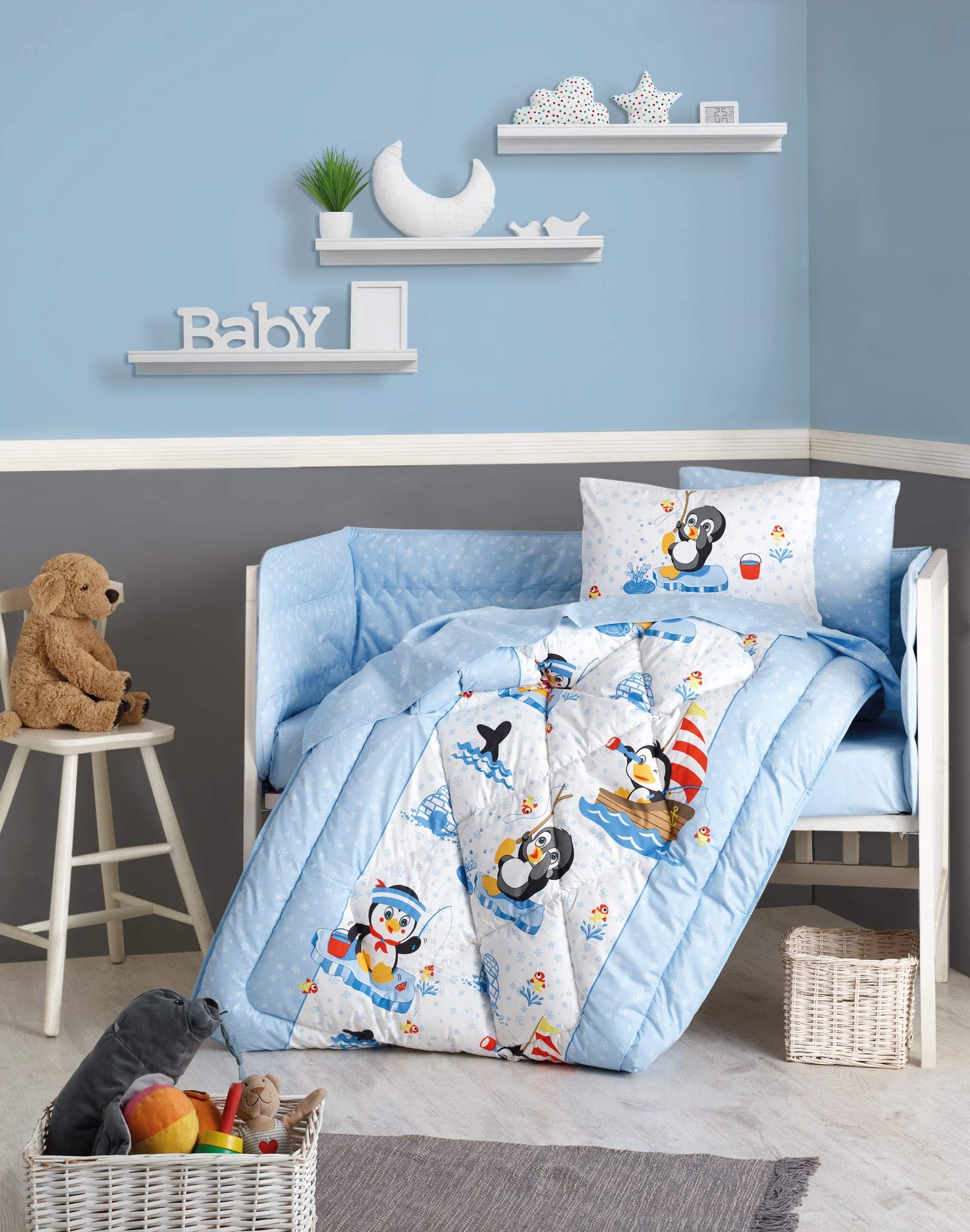 OZINCI 100% Cotton Baby Boys Bedding Set - 6 Piece Nursery Crib Set with Comforter, Sheet & Pillowcases (Blue Penguin) | Soft & Safe for Newborns, Infants & Toddlers | Perfect for Nursery, Daycare & Gift Giving