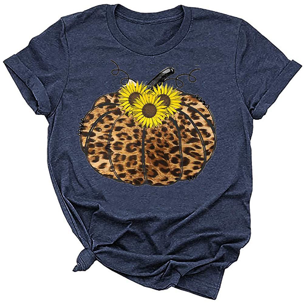 Woffccrd Women's Funny Leopard Pumpkin Printed Halloween T-Shirt - Short Sleeve Graphic Tee for Fall & Thanksgiving - Cute Casual Top for Parties, Costumes & Everyday Wear