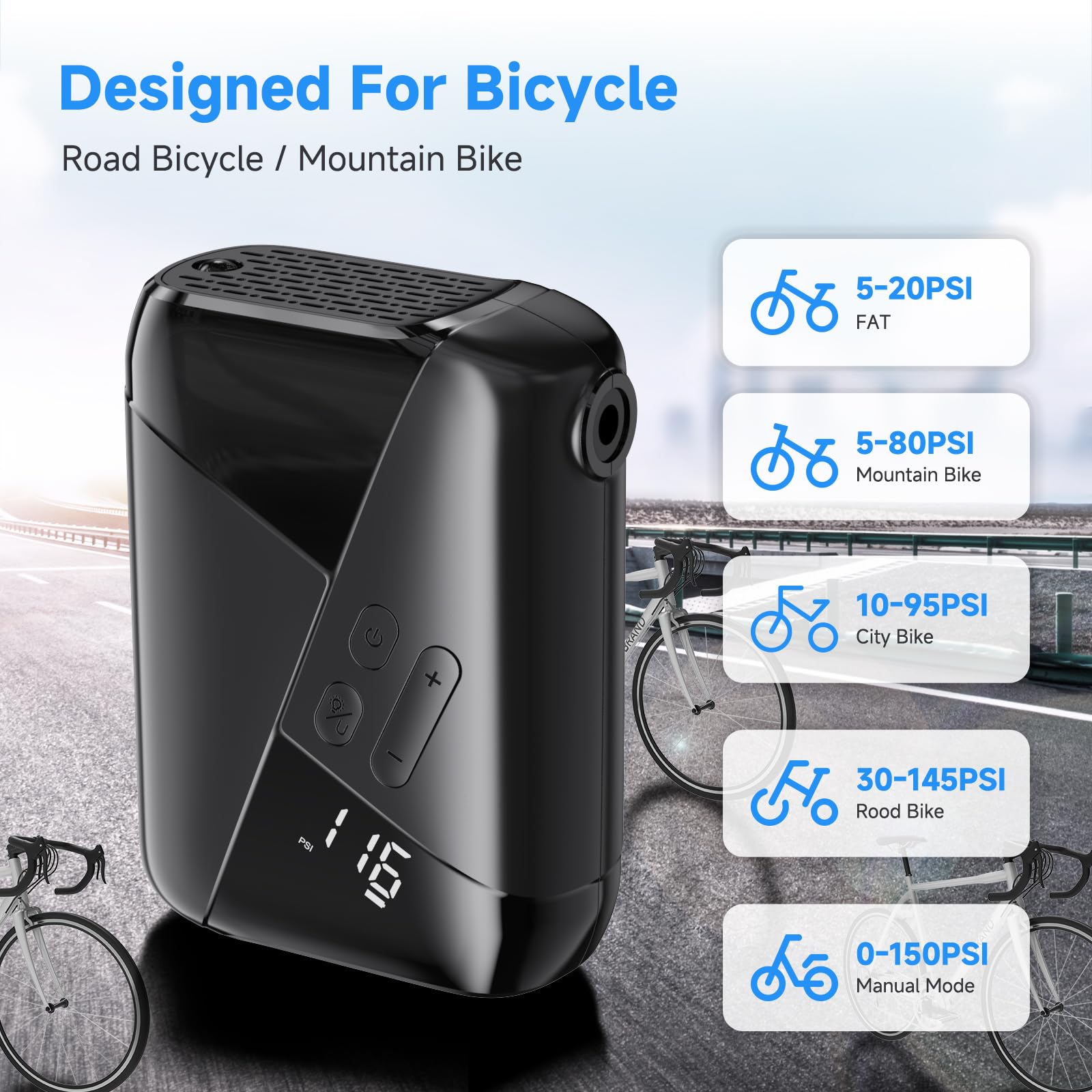 Rechargeable 3200mAh Electric Bike Pump - 150PSI Portable Air Compressor with 10L/Min Fast Inflation, Dual Presta & Schrader Valve for Bicycle, Motorcycle, Car Tires and Sports Balls - Perfect for Road Trips, Cycling Adventures and Emergency Tire Inflation