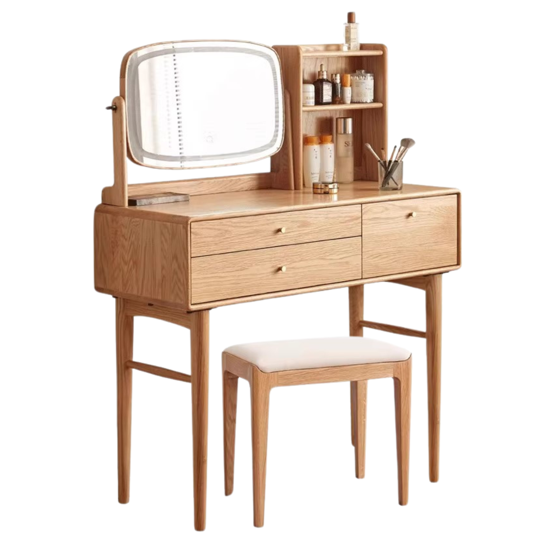 39.4x15.7x48.4 inch/ 100x40x123сm/ Natural Wood Color/ Oak Illuminated makeup table (adjustable mirror) + soft bag makeup stool beige