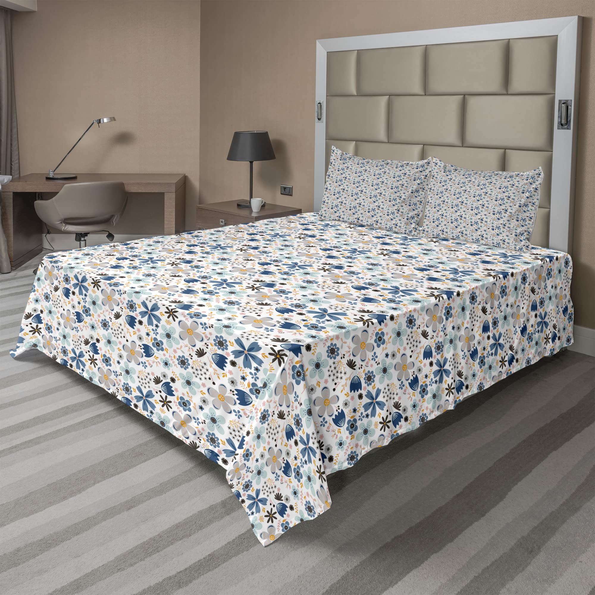 Ambesonne Floral King Size 4-Piece Sheet Set - Romantic Spring Blossoms Bouquet on Sky Blue Seafoam Background, 100% Cotton Fitted & Flat Sheets with Pillowcases | Perfect for Master Bedroom, Guest Room, and Spring-Themed Home Decor