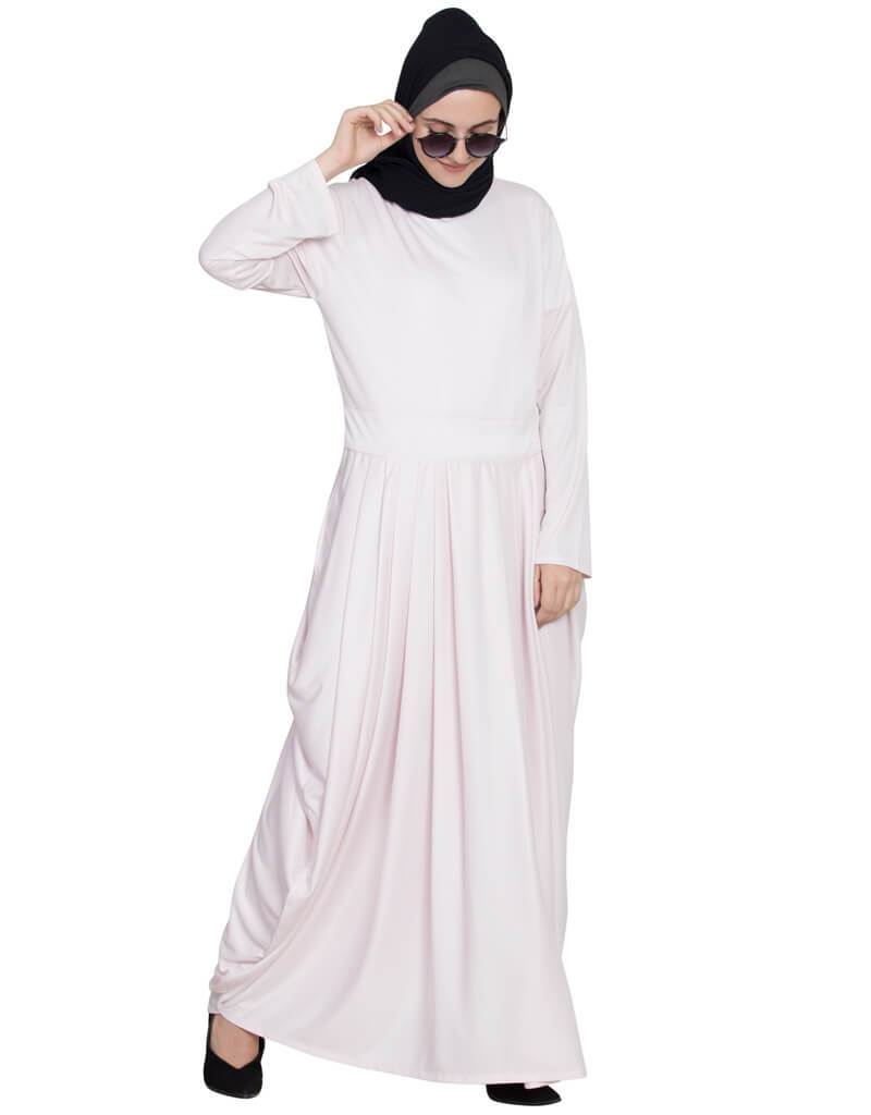 Elegant White Stretchable Abaya with Arabic Waist Pleating in Pink - Perfect for Prayer, Modest Fashion, and Special Occasions