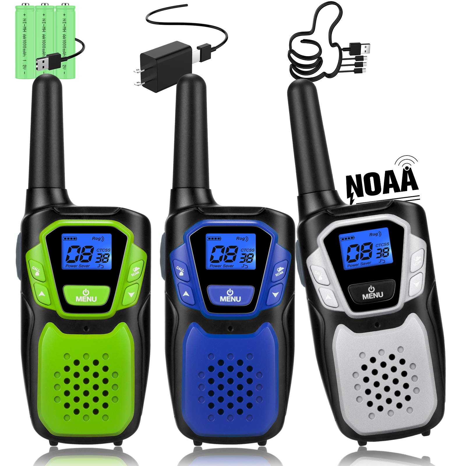 Rechargeable Walkie Talkies 3 Pack - Long Range Two Way Radios with NOAA Weather Alerts, Micro-USB Charger & Batteries (Blue/Green/Silver) for Hiking, Camping, Outdoor Adventures & Emergency Communication