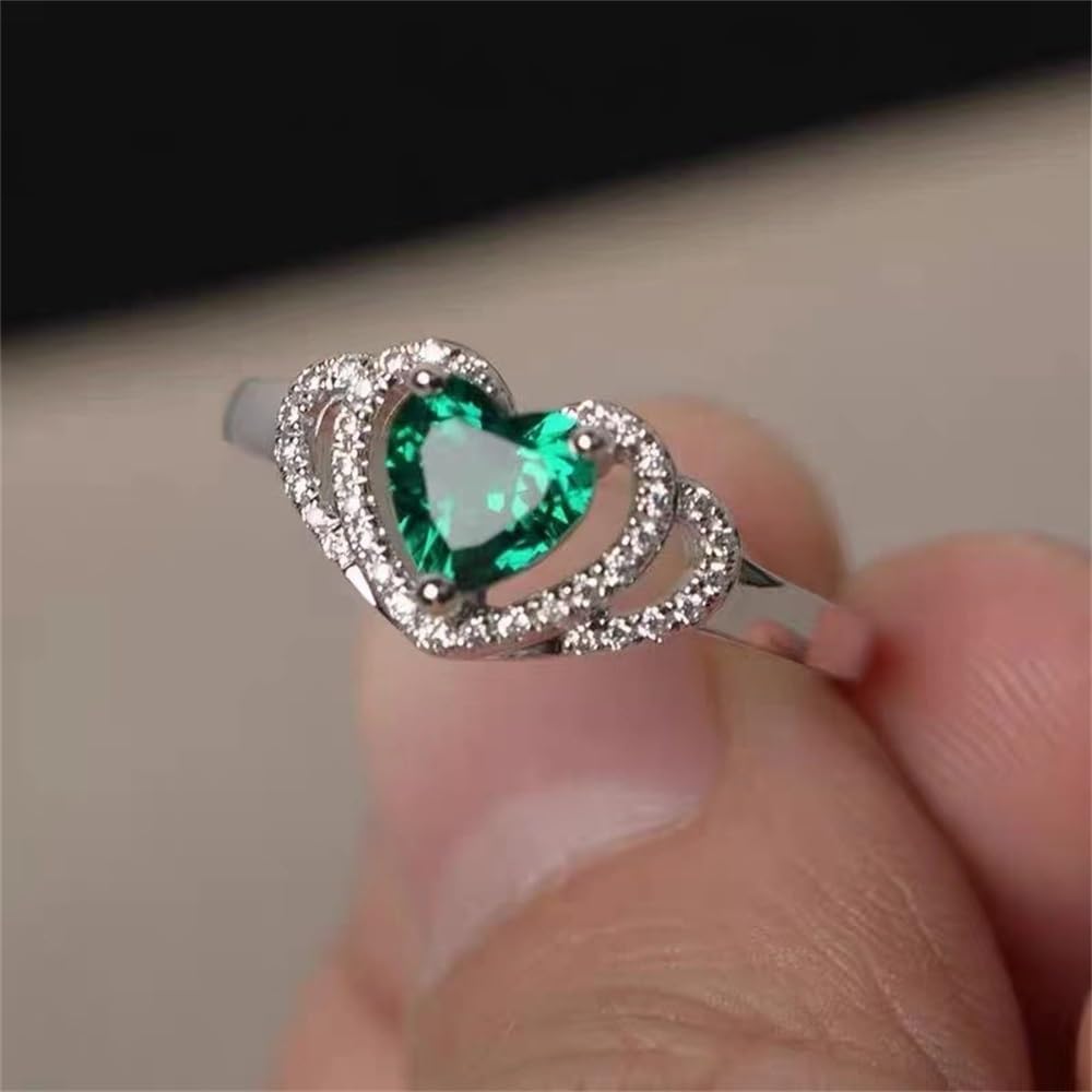 925 Sterling Silver Heart-Shaped Emerald & Cubic Zirconia Ring - Elegant CZ Eternity Wedding Band for Women, Size 7 - Perfect for Engagement, Anniversary & Romantic Occasions