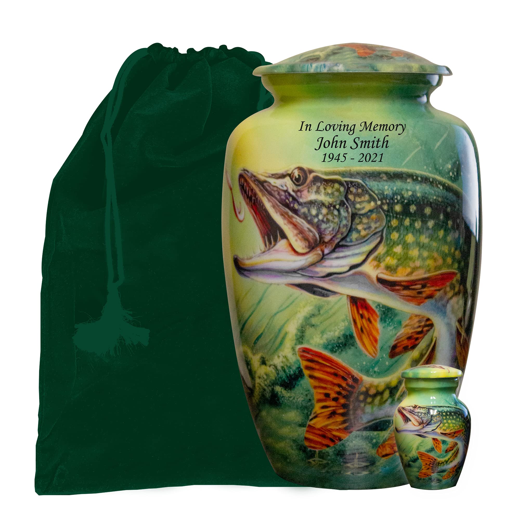 Bass Fish Cremation Urn for Fishermen - Personalized Large Funeral Urn with Keepsake Box & Velvet Bags - Memorial Gift for Anglers & Fishing Enthusiasts