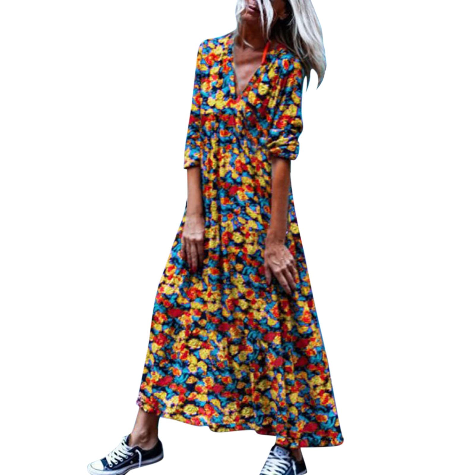 Boho Print Women's Maxi Dress - V Neck Half Sleeve Loose Midi Dress for Summer, Beach, Vacation & Casual Wear | Flowy Fashion Dress for Women
