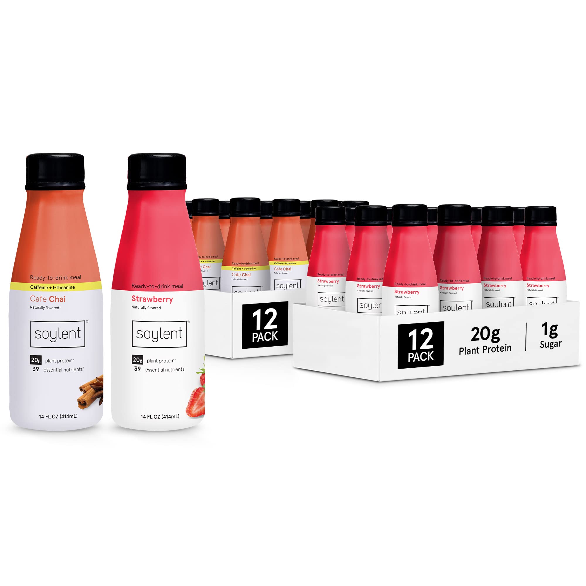 Soylent Complete Nutrition Gluten-Free Vegan Protein Meal Replacement Shakes - Cafe Chai & Strawberry Flavors (14oz, 12 Pack Each) | Plant-Based Meal Alternative for Busy Professionals, Fitness Enthusiasts & On-The-Go Lifestyles