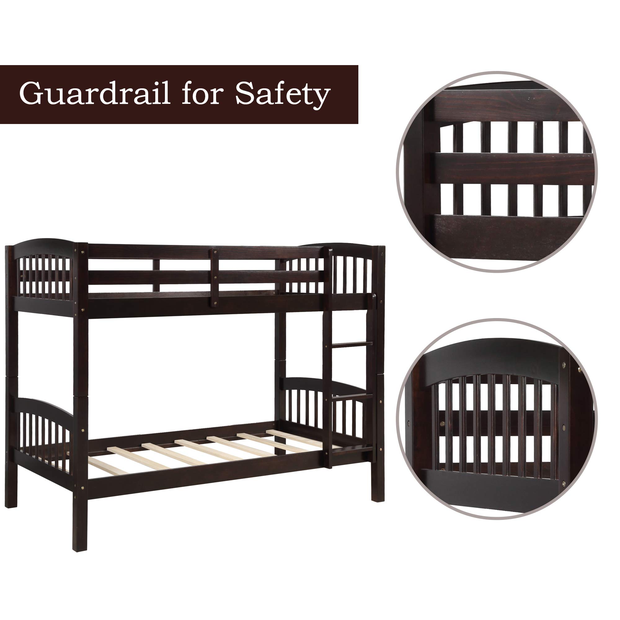 JULYFOX Twin Over Twin Bunk Bed with Finsbury Headboard - Heavy Duty 500 LB Capacity Wooden Bed Frame, No Box Spring Needed, Includes Ladder & Safety Guard Rails - Space Saving Solution for Kids Rooms, Guest Rooms & Small Apartments (Espresso)