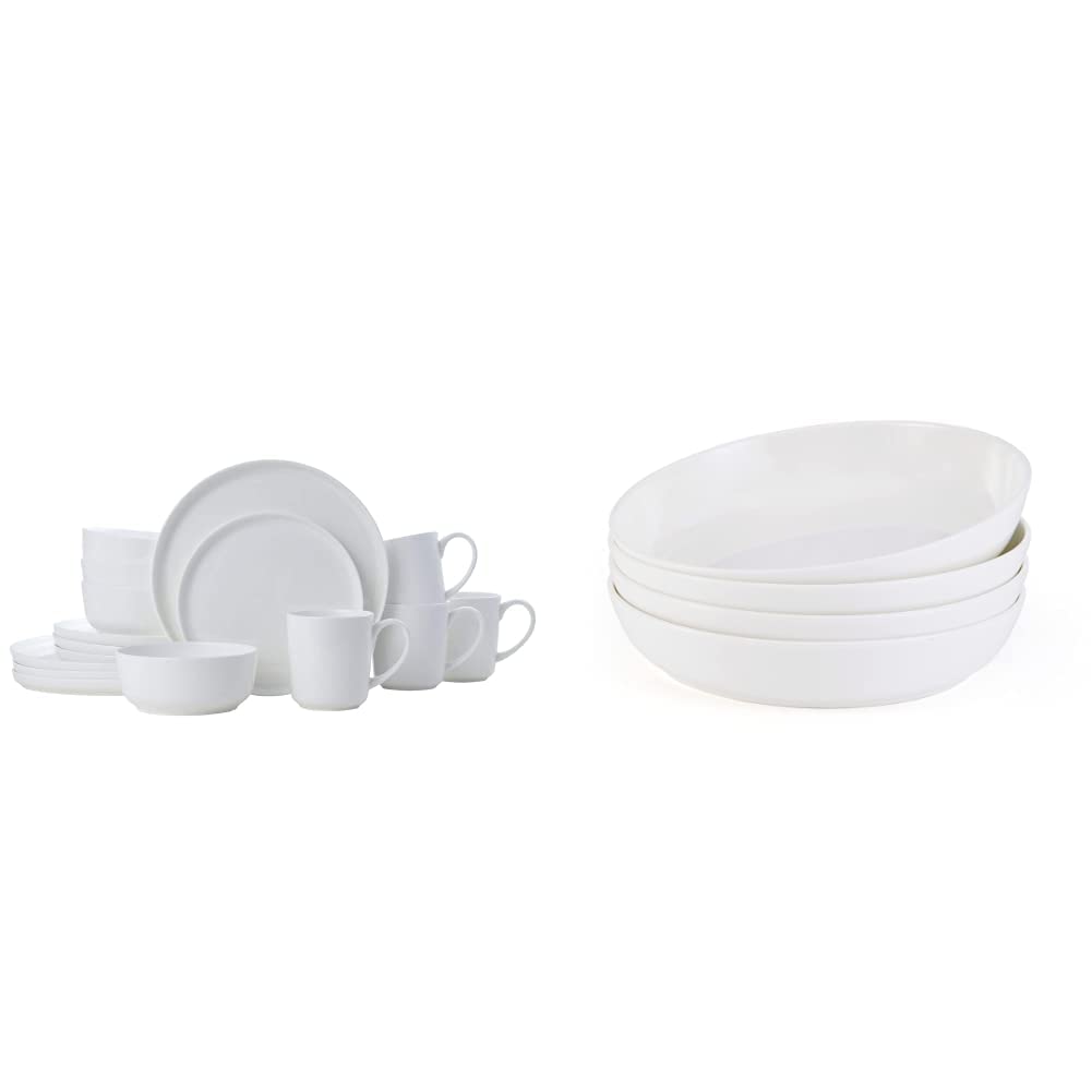 Mikasa Samantha 16-Piece Chip-Resistant Dinnerware Set - Service for 4, White Porcelain Plates & Bowls - Includes 4 Pasta Bowls (8-inch) - Durable Everyday Dinnerware for Family Meals, Entertaining & Restaurant-Style Dining