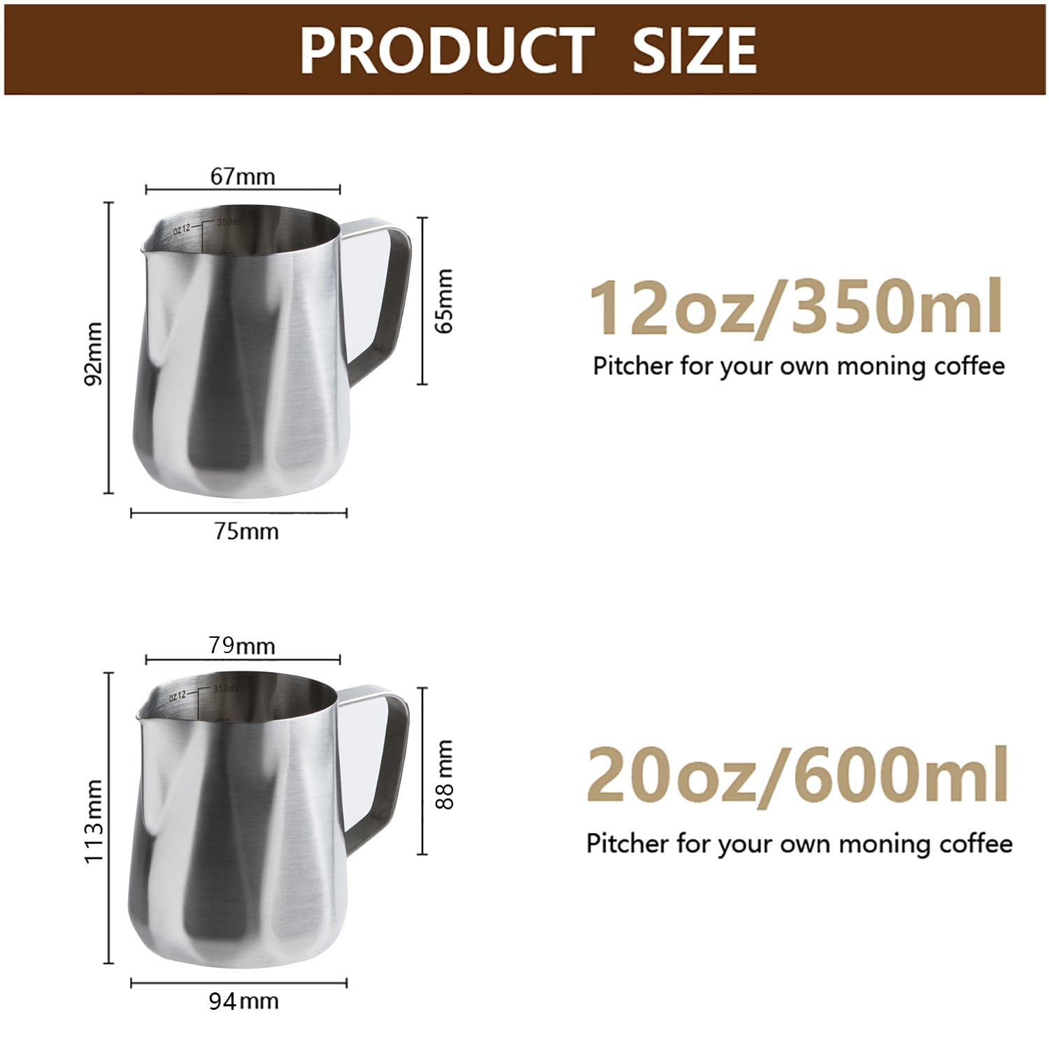 **Stainless Steel Milk Frothing Pitcher 350ml/600ml (12oz/20oz) - Barista Coffee Frother for Espresso, Cappuccino & Latte - Perfect for Home & Café Use**