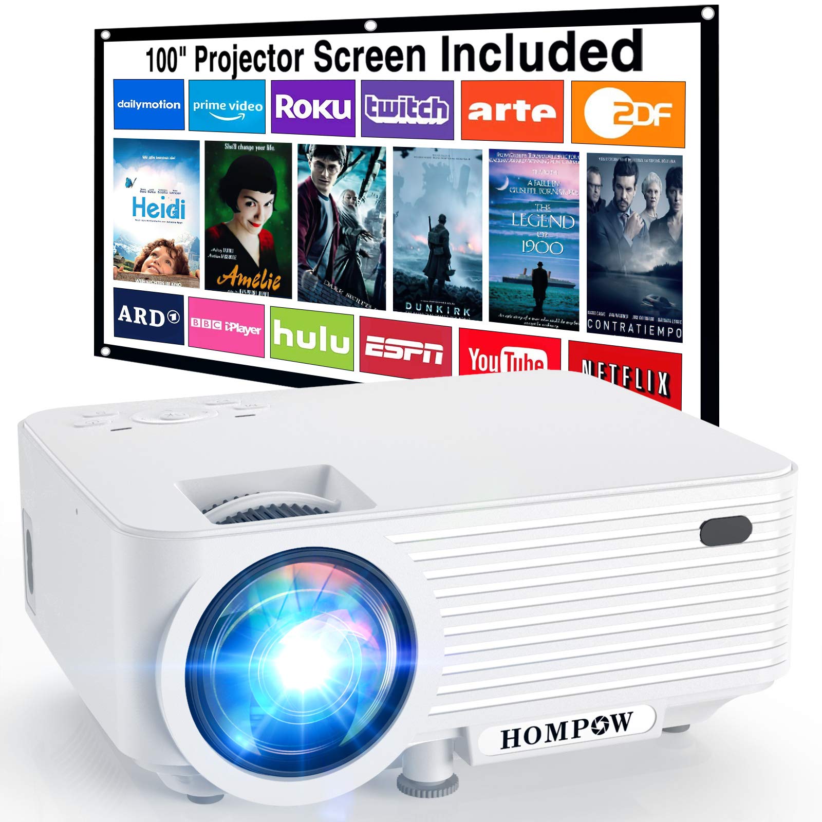 6500Lux Mini Projector Portable HD 1080P Outdoor Movie Projector with Screen - Compatible with TV Stick, HDMI, VGA, USB, TV Box, Laptop, DVD & PS5 - Perfect for Home Theater, Backyard Movies, Gaming and Presentations
