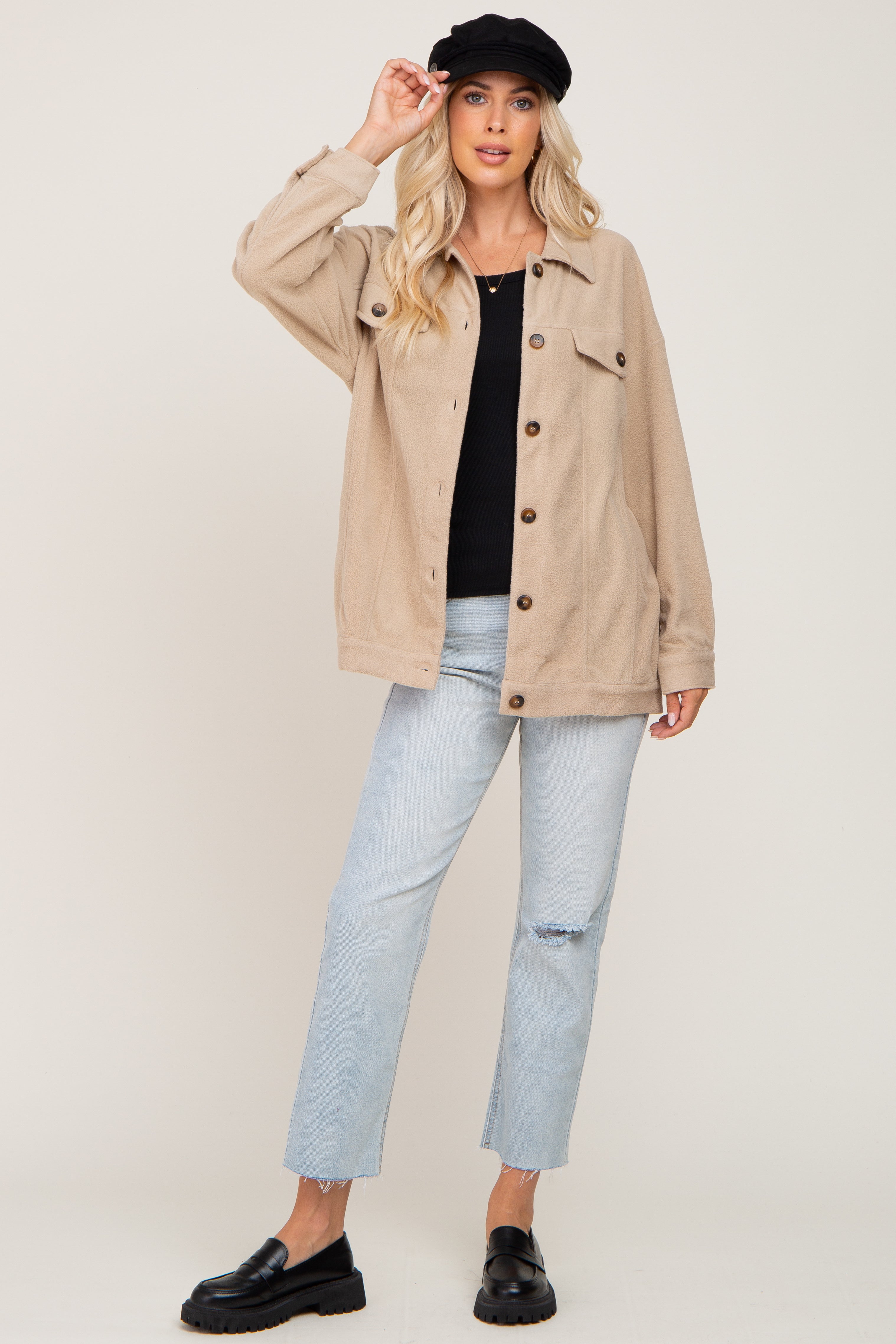 Cozy Beige Fleece Shirt Jacket for Women & Men - Soft Warm Pullover with Pockets - Perfect for Fall, Winter & Outdoor Activities