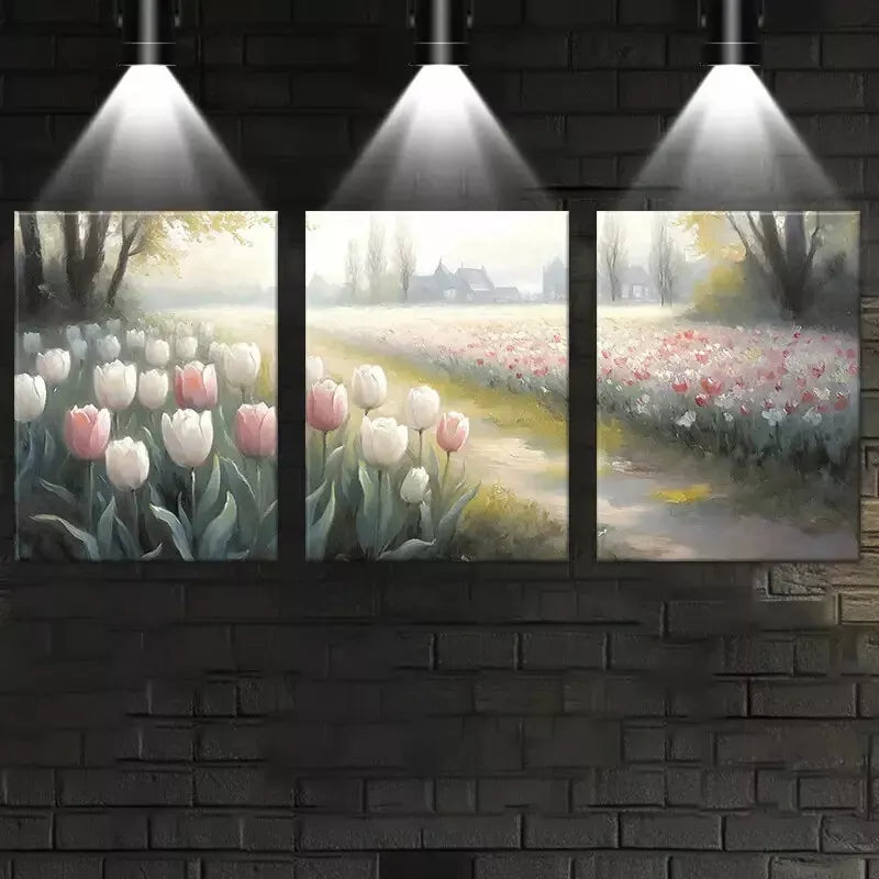 3-Piece Tulip Field with Building Painting Wall Art Set - Framed Canvas 50x70cm - High Quality Print - Ready to Hang - Australian Made - Perfect for Living Room, Bedroom & Office Decor