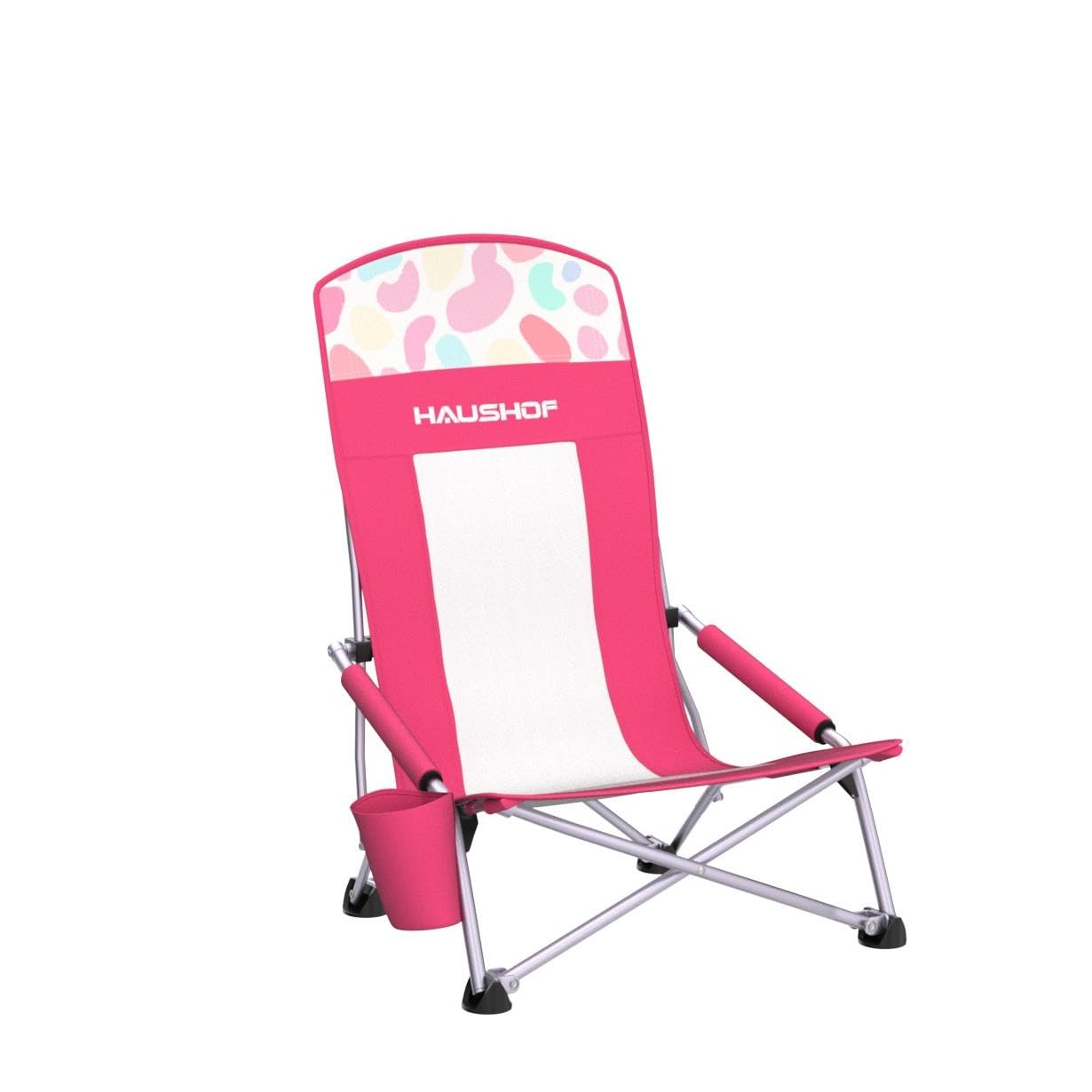 HAUSHOF 2-Pack High Back Beach Chairs - Lightweight Folding Camping Chairs with Mesh Back, Cup Holder & Carry Bag - Padded Armrest for Outdoor, Beach, Lawn, Camping, Picnic & Festival Use