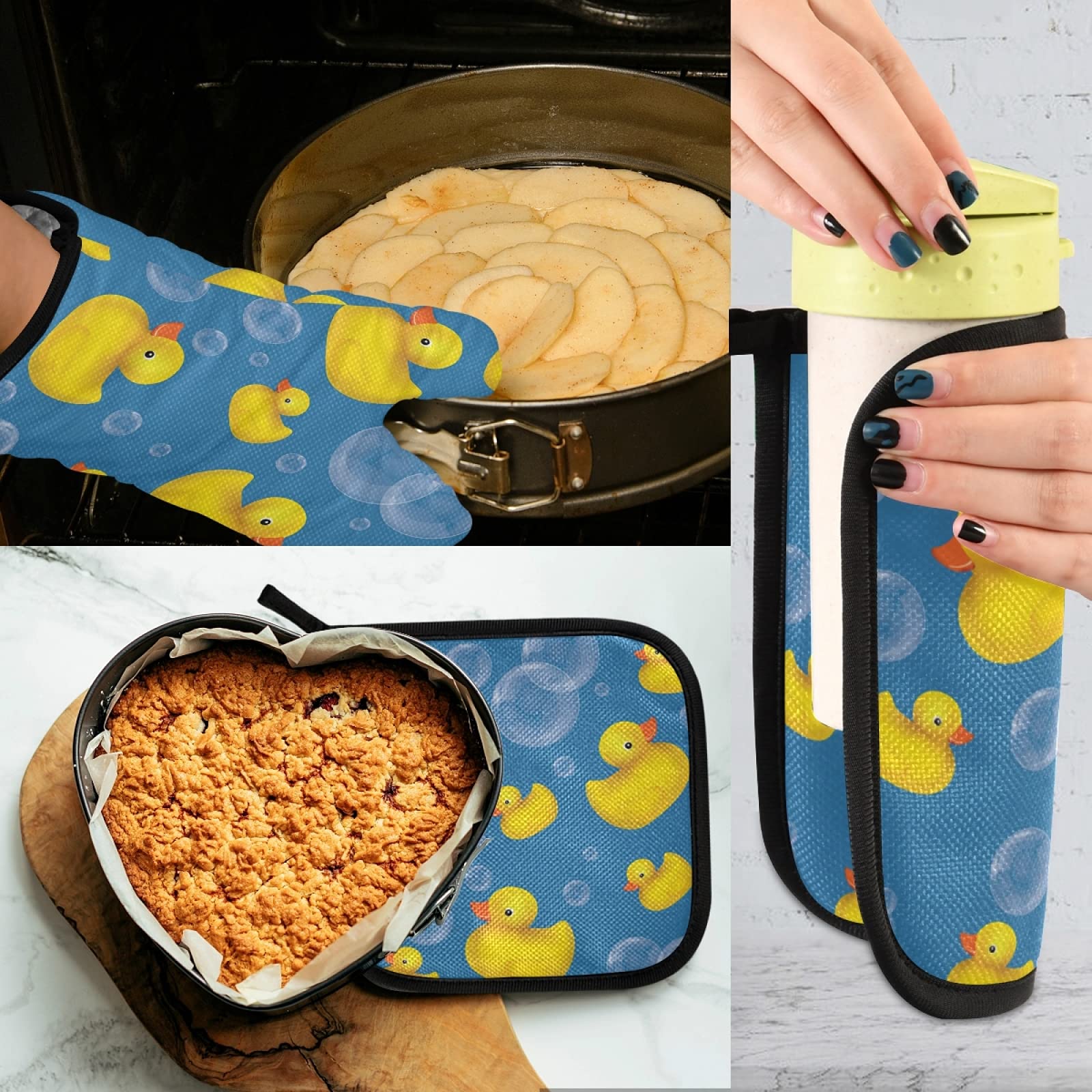 Heat Resistant Yellow Rubber Duck Oven Mitts & Pot Holders Set - Kitchen Cooking Gloves for Baking, Grilling, Microwave - Fun & Safe Kitchen Accessories for Home Chefs