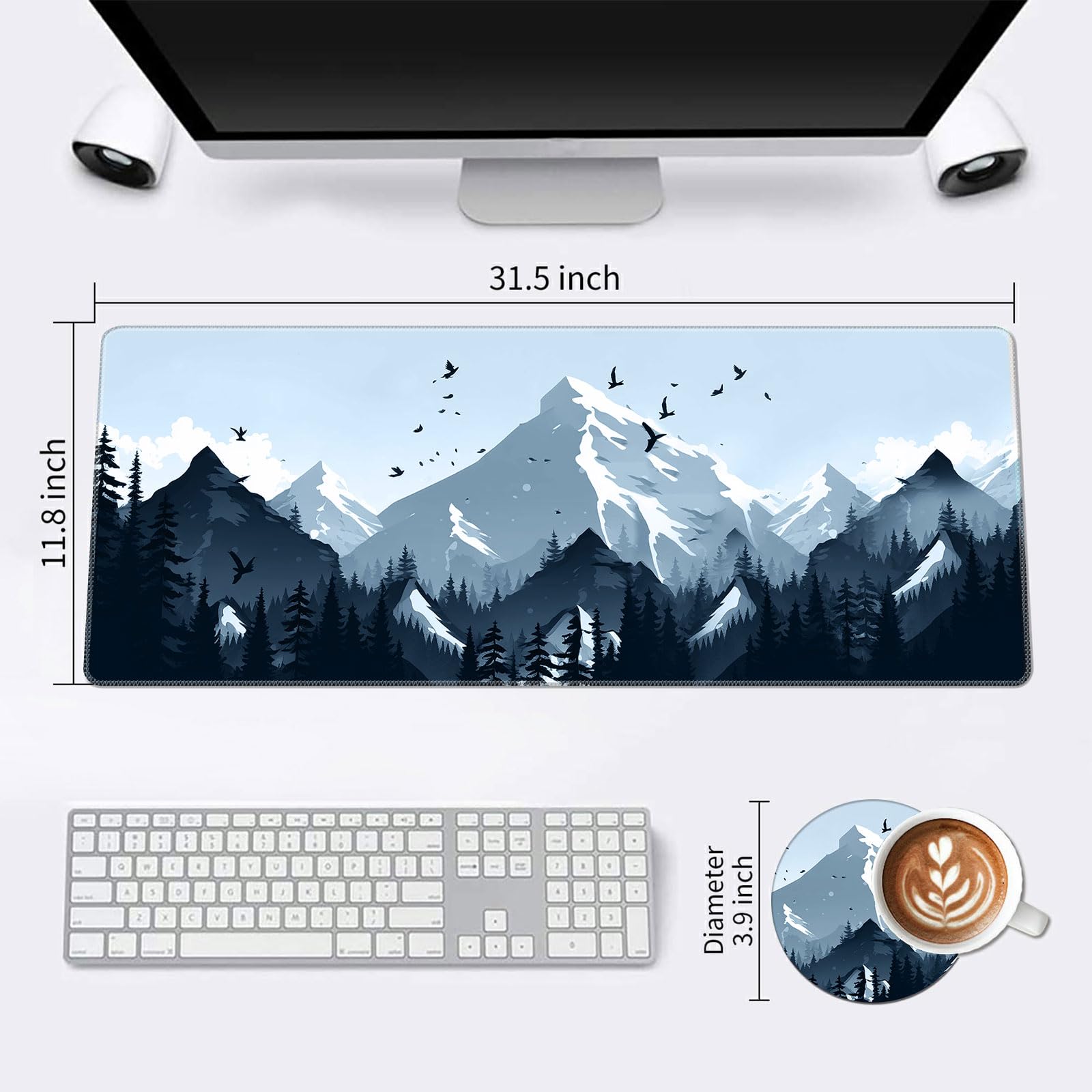 XXL Extended Mouse Pad with Coaster - 31.5x11.8 Inch Large Desk Mat with Non-Slip Base & Stitched Edge - Mountain Forest Design - Perfect for Gaming, Office Work & Home Computer Setup