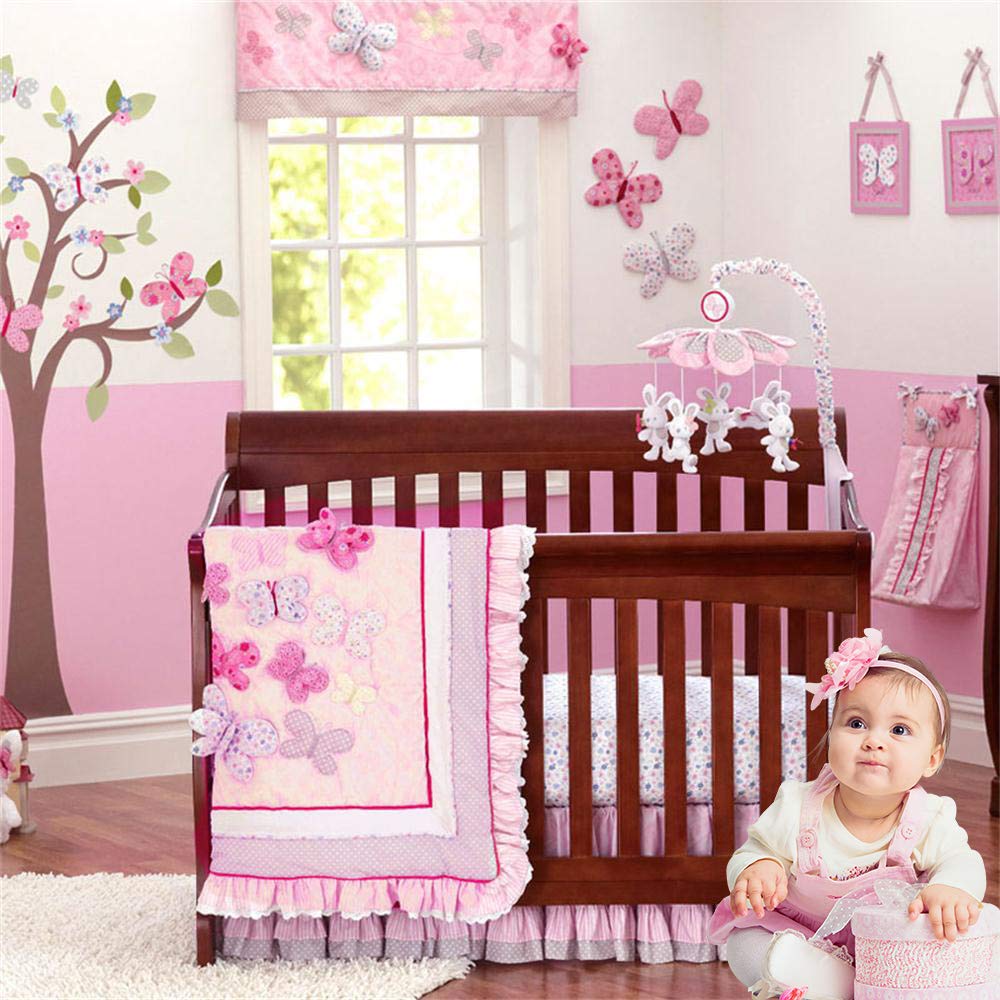 Brandream 5-Piece Butterfly Crib Bedding Set for Baby Girls - Soft Nursery Crib Set with 2 Pack Fitted Crib Sheets - Perfect for Newborn Nursery Decor & Baby Shower Gifts