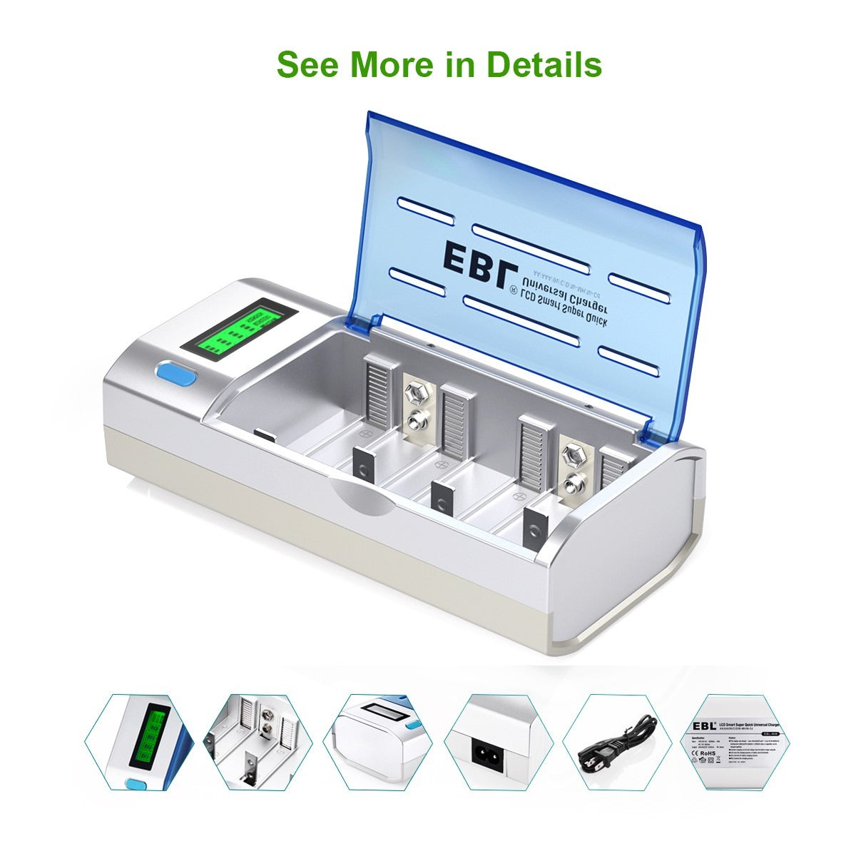 EBL 906 Smart Battery Charger with 8 Rechargeable AA AAA C D Batteries Kit - Fast Charging for Home, Office & Emergency Power Supply