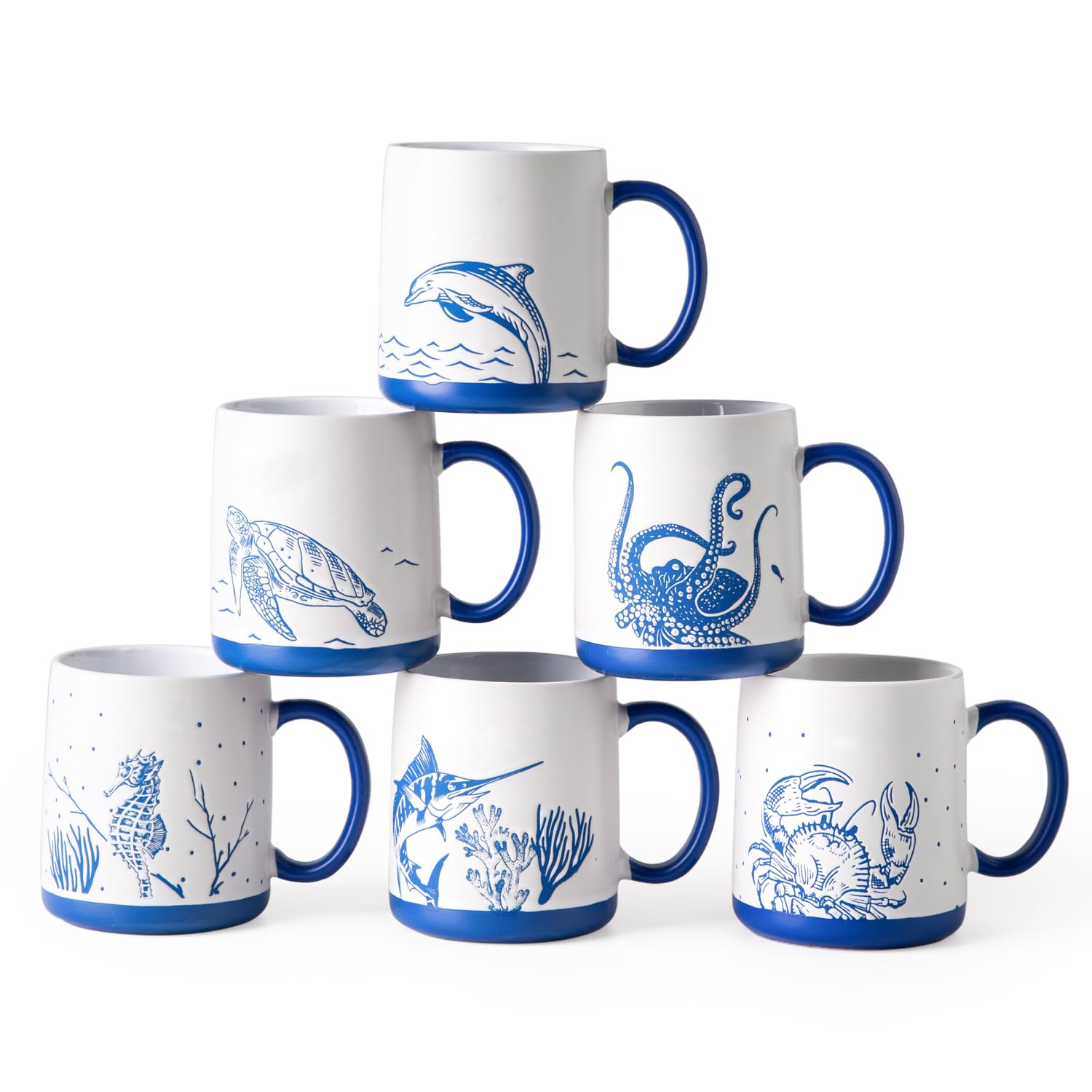 AmorArc 18oz Large Ceramic Coffee Mugs Set of 6 - Sea Life Textured Tea Latte Cups - Microwave & Dishwasher Safe - Matte White - Perfect for Home, Office, Cafe & Gifts