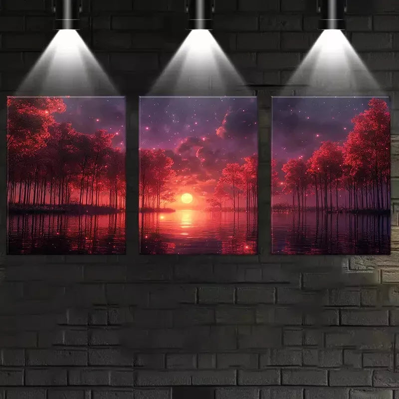 3pcs Charming Lake Red Trees Sunset View Wall Art Canvas Set - Framed 40x60cm High Quality Print | Australian Made Ready-to-Hang Decor for Living Room, Bedroom & Office