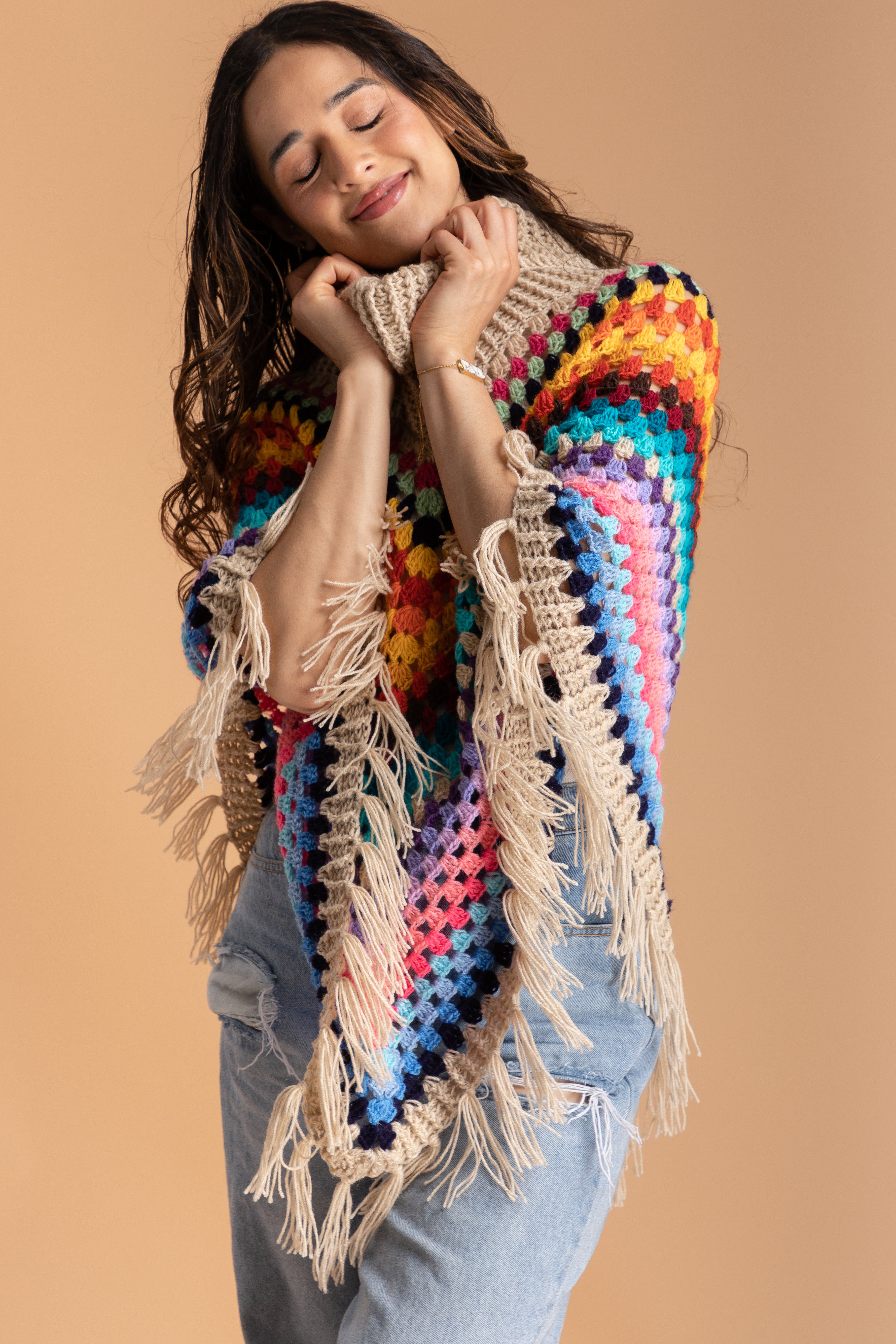 Rainbow Crochet Turtleneck Sweater Poncho - Cozy Handmade Knitwear for Women | Perfect for Fall Fashion, Boho Outfits & Casual Wear