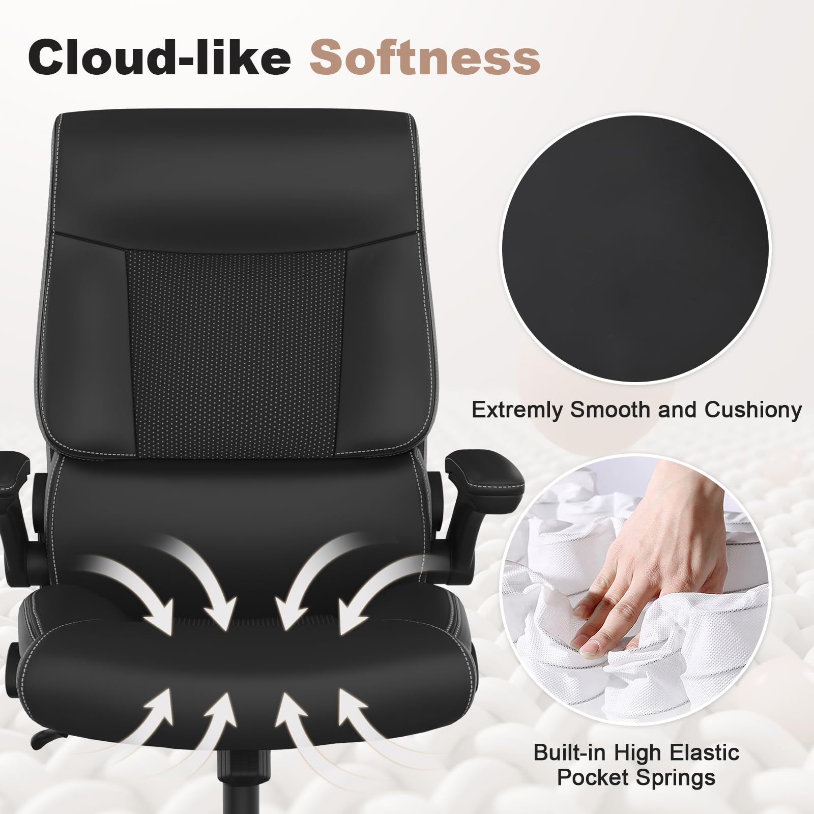 Ergonomic Big and Tall Office Chair - 500LBS Weight Capacity PU Leather Executive Chair with Adjustable Lumbar Support & Flip-Up Armrests - High Back Desk Chair for Home Office, Gaming, and Workspaces - Black