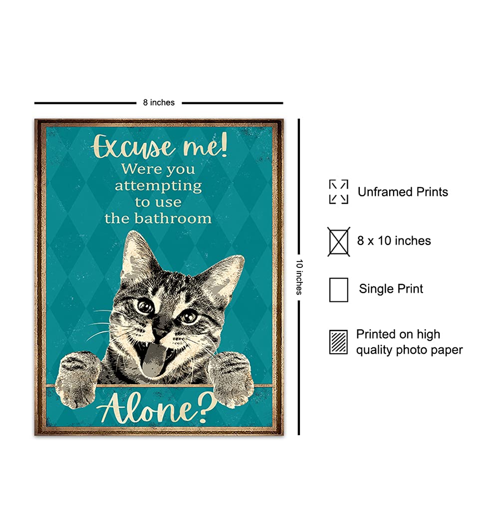Funny Tabby Cat Bathroom Wall Decor - Blue Restroom Sign for Guest Bathroom & Powder Room - Unique Cat Lovers Gift for Women & Girls - Perfect for Home, Office, or Cafe Decor