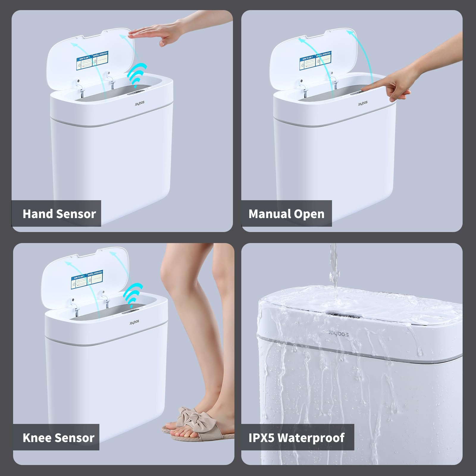 JOYBOS 3 Gallon Automatic Motion Sensor Trash Can with Lid - Waterproof Slim Plastic Garbage Bin for Bathroom, Bedroom, Kitchen, Office & RV - Perfect for Small Spaces & Hands-Free Disposal (White)